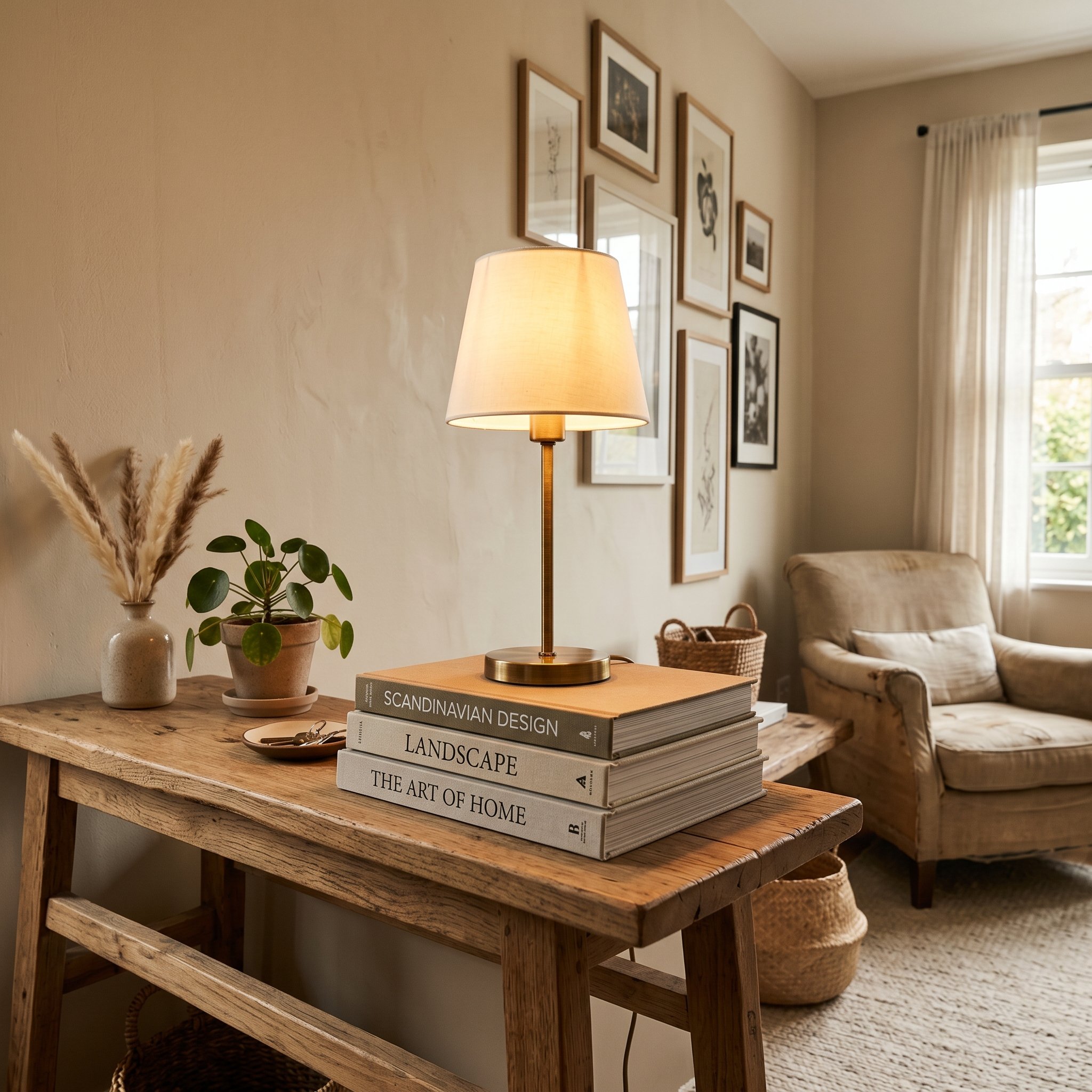 Photorealistic interior photo. Three oversized art books stacked horizontally on a rustic wood console table acting as a pedestal for a small modern brass lamp, warm ambient light, eye level angle. Ed