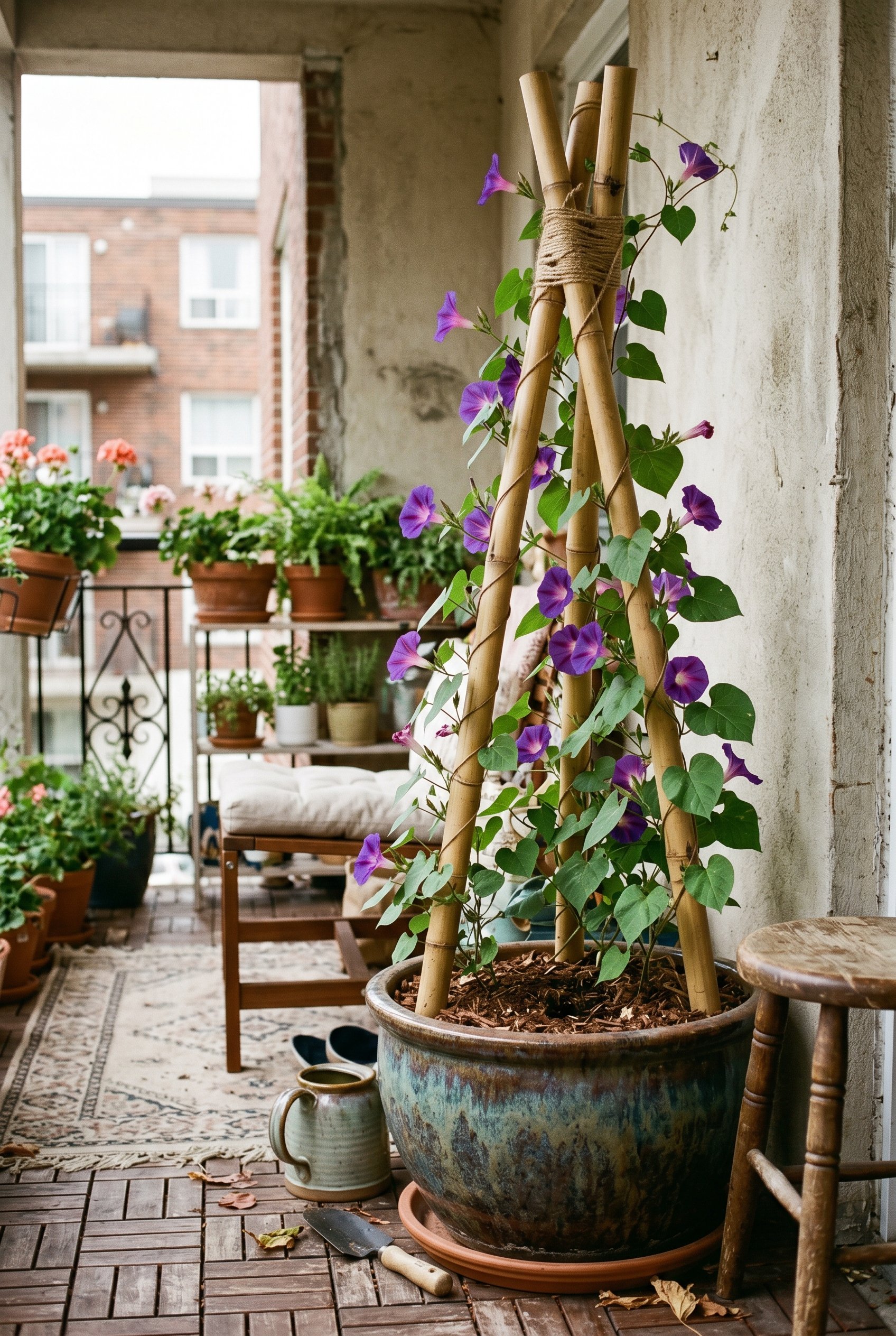 Photorealistic interior photo. Three thick, natural bamboo poles arranged in a tripod shape inside a glazed ceramic pot. Twine lashing the top together. Purple morning glories climbing the bamboo. Coz