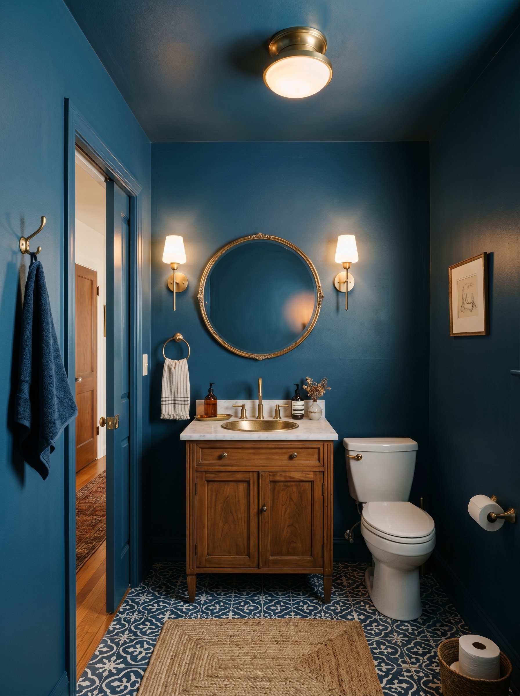 Photorealistic interior photo. Tiny windowless powder room painted floor-to-ceiling in deep Farrow & Ball Hague blue, brass accents, soft sconce lighting, wide camera angle. Editorial photography styl
