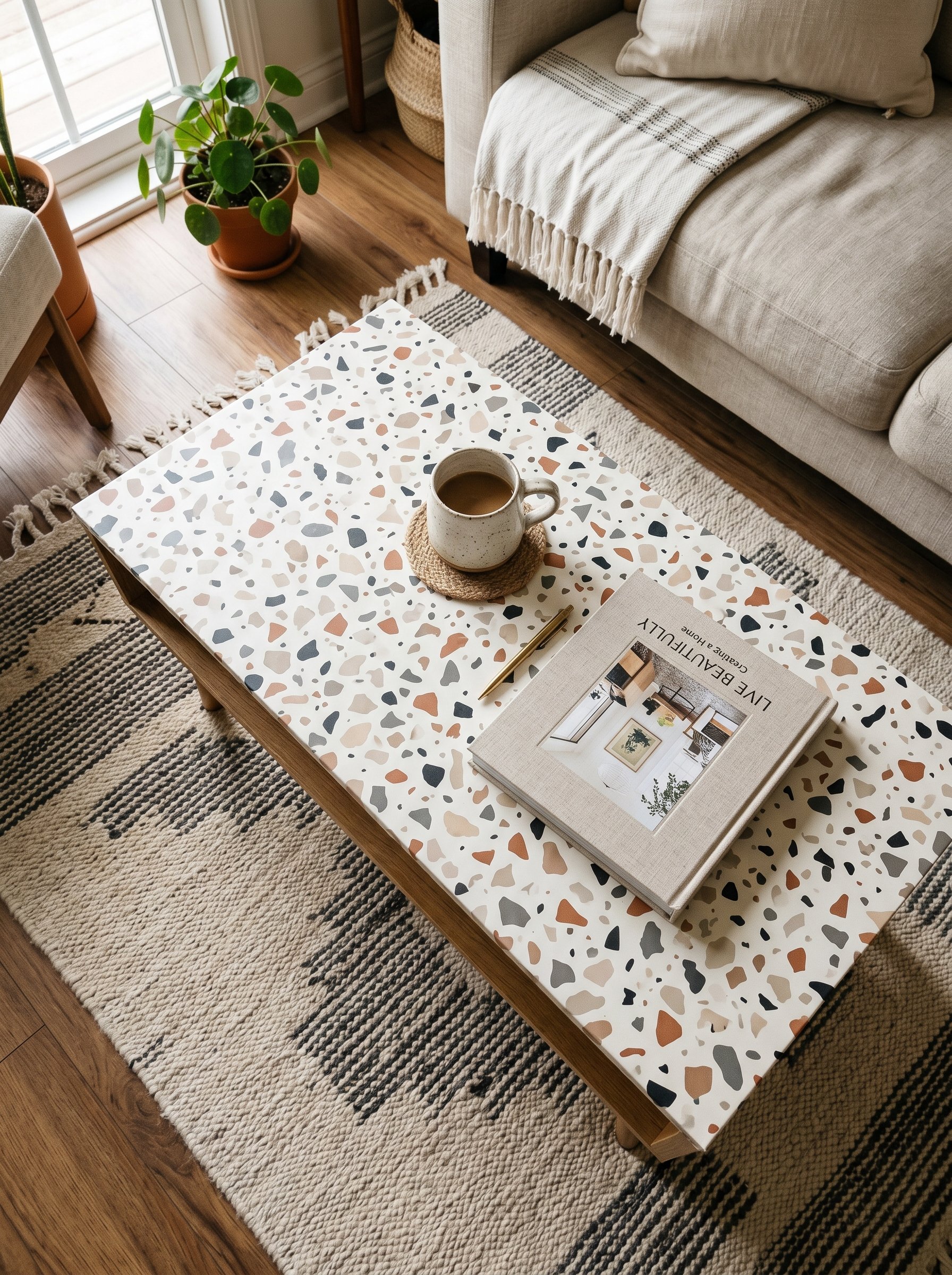 Photorealistic interior photo. Top-down view of a coffee table covered in matte terrazzo pattern contact paper. Clean edges, flawless application. A ceramic mug and a design book rest on top. Bright d