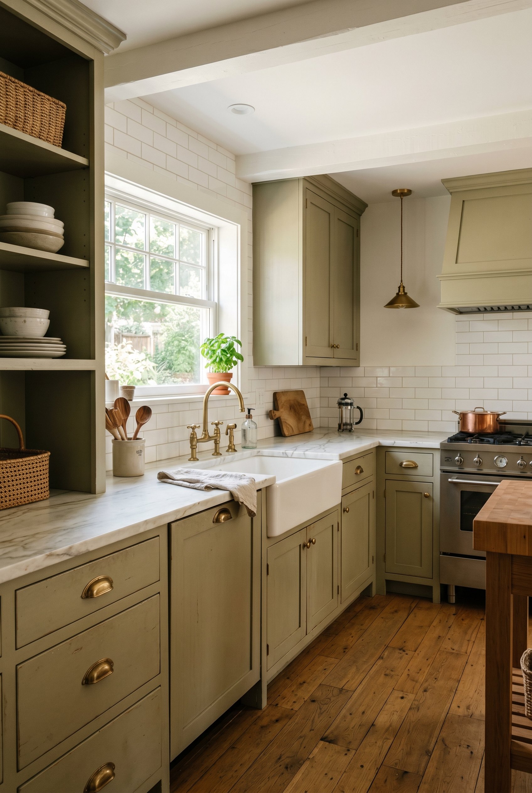 Photorealistic interior photo. Transitional kitchen showing unlacquered brass hardware on older painted cabinets with new honed quartzite countertops. Editorial photography style, no people visible.
