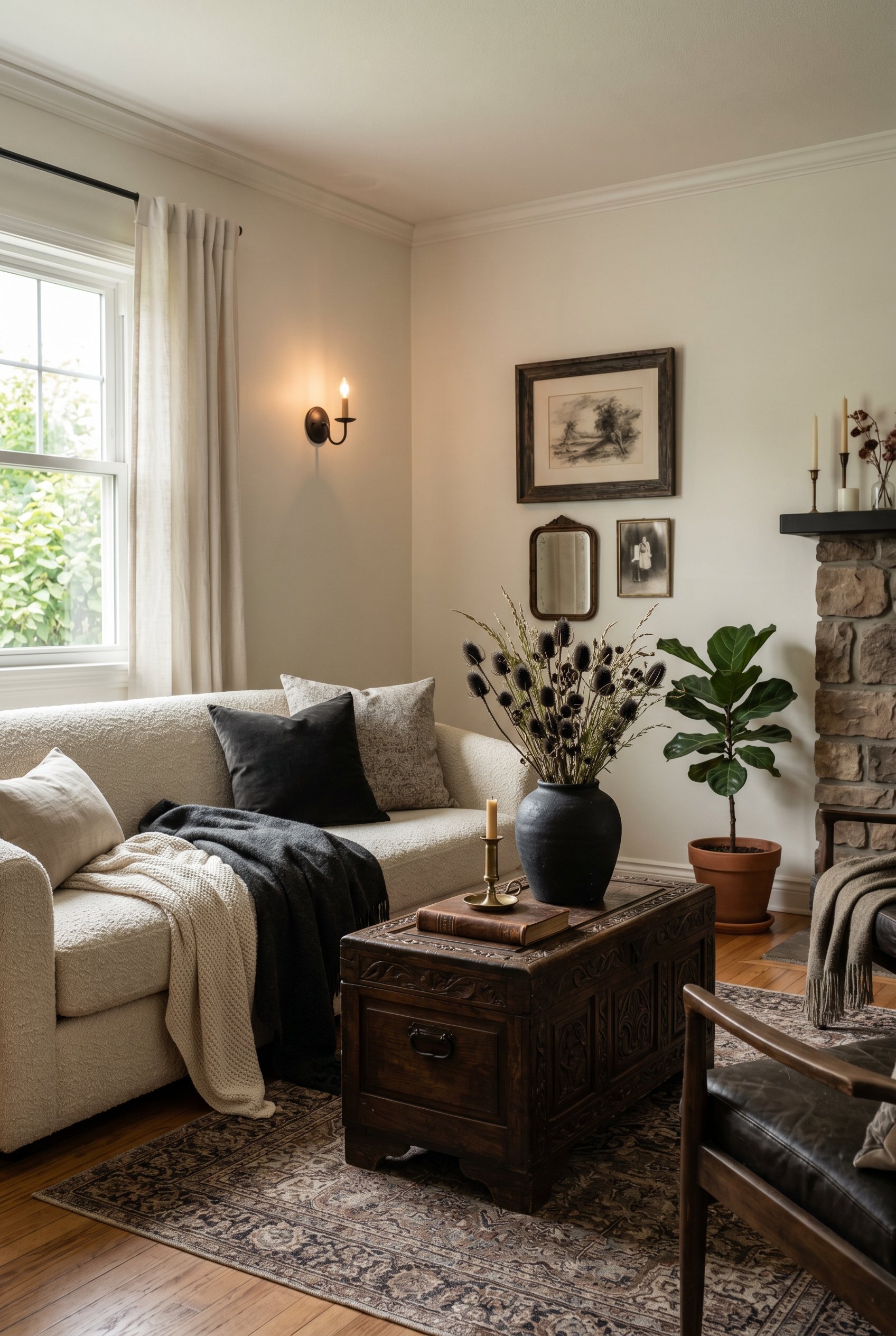 Photorealistic interior photo. Transitional living room mixing modern organic with gothic western. A cream boucle sofa sits next to a heavy, dark carved antique wood trunk used as a coffee table. Drie