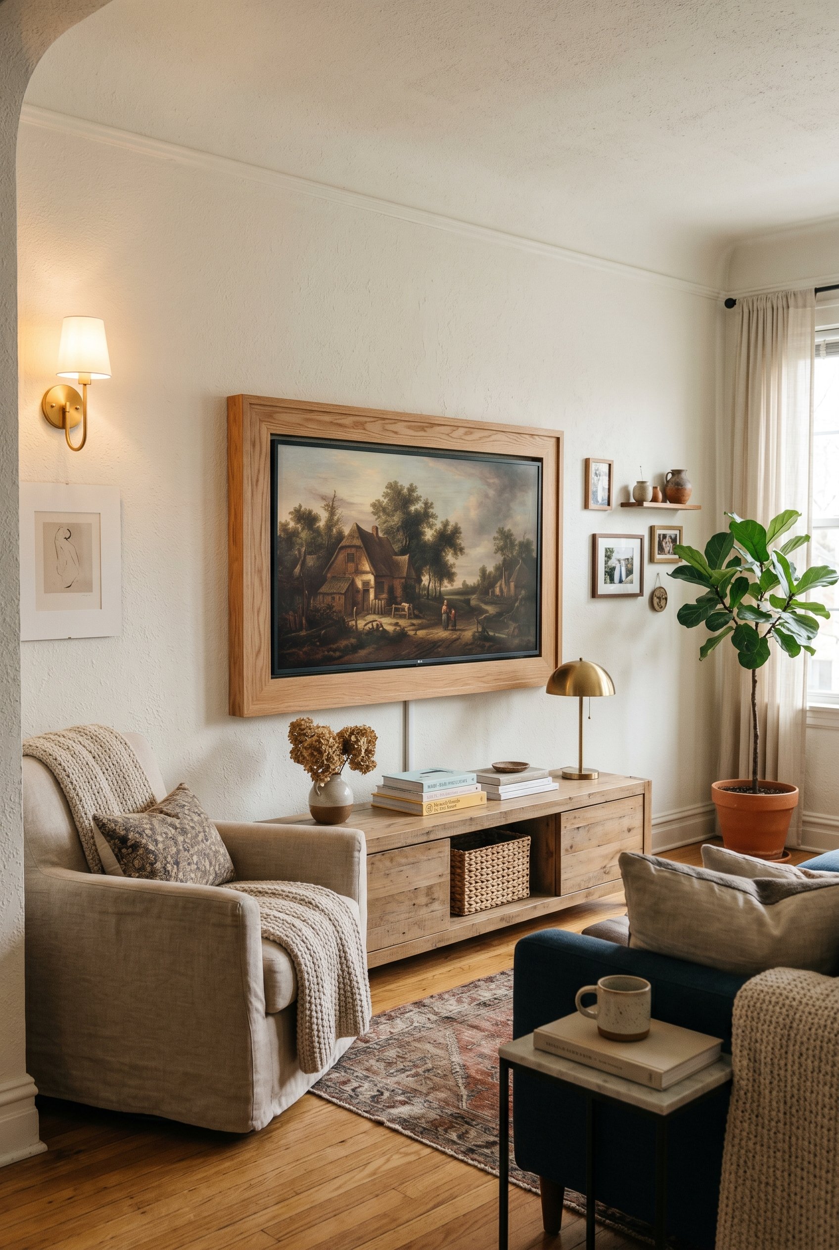 Photorealistic interior photo. TV mounted on a wall with a custom light wood frame, displaying a classic oil painting screensaver. Cozy living room setting, editorial photography style, no people visi