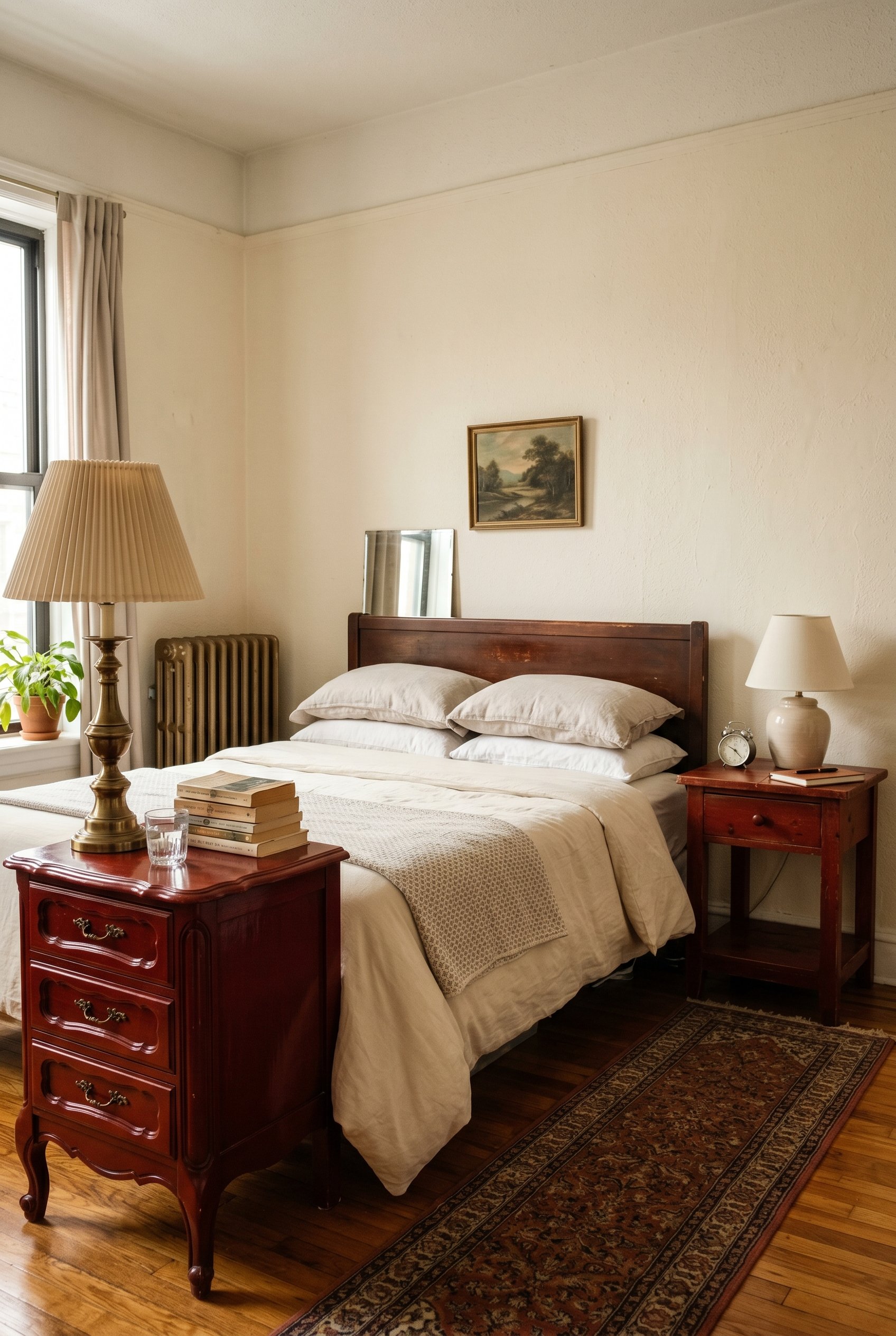 Photorealistic interior photo. Two completely different vintage nightstands painted the exact same high-gloss oxblood red, flanking a bed. Editorial photography style, no people visible.