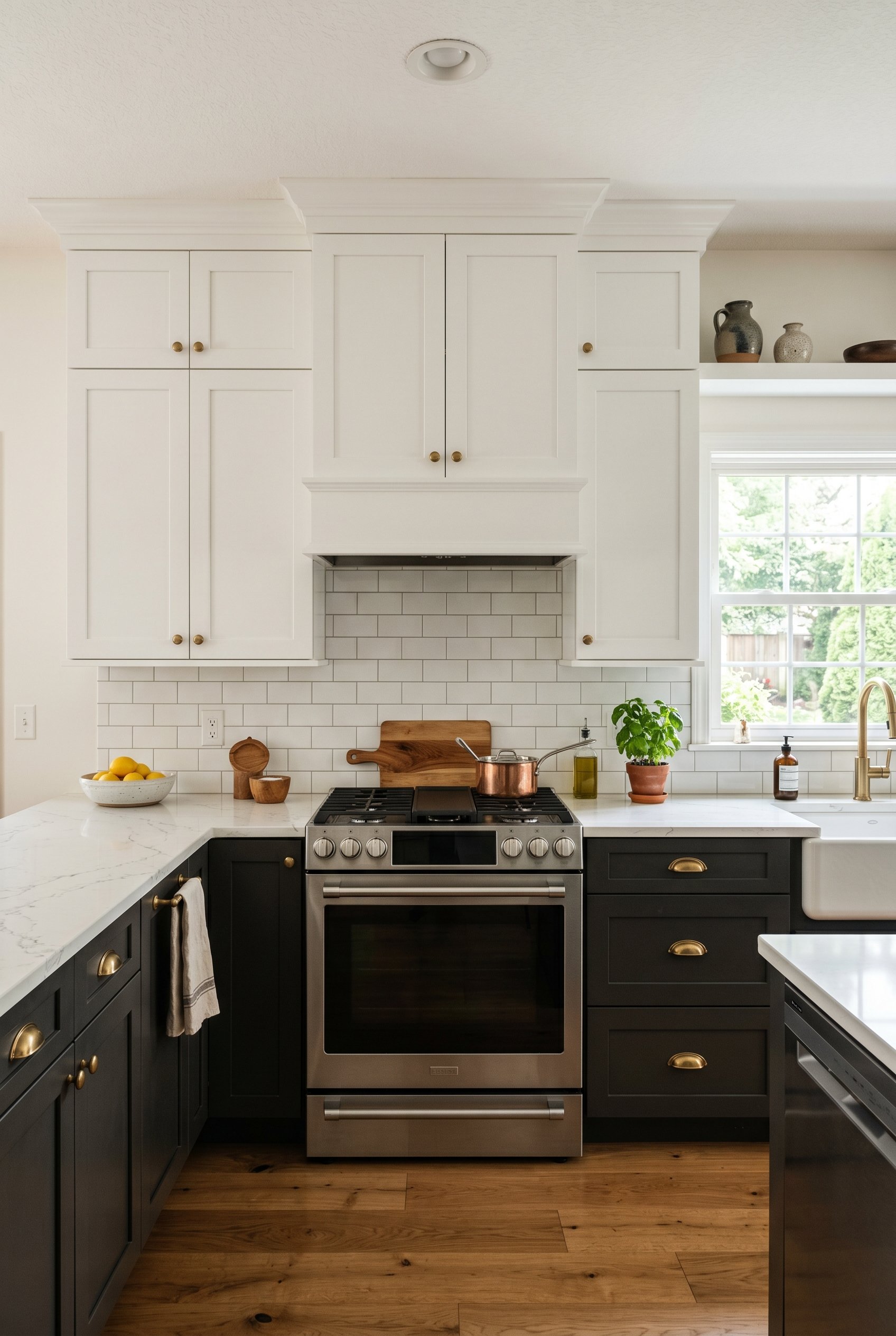 Photorealistic interior photo. Two-toned kitchen cabinets, dark charcoal iron ore on the lower cabinets, bright white on the upper cabinets, brass pulls, straight-on camera angle. Editorial photograph