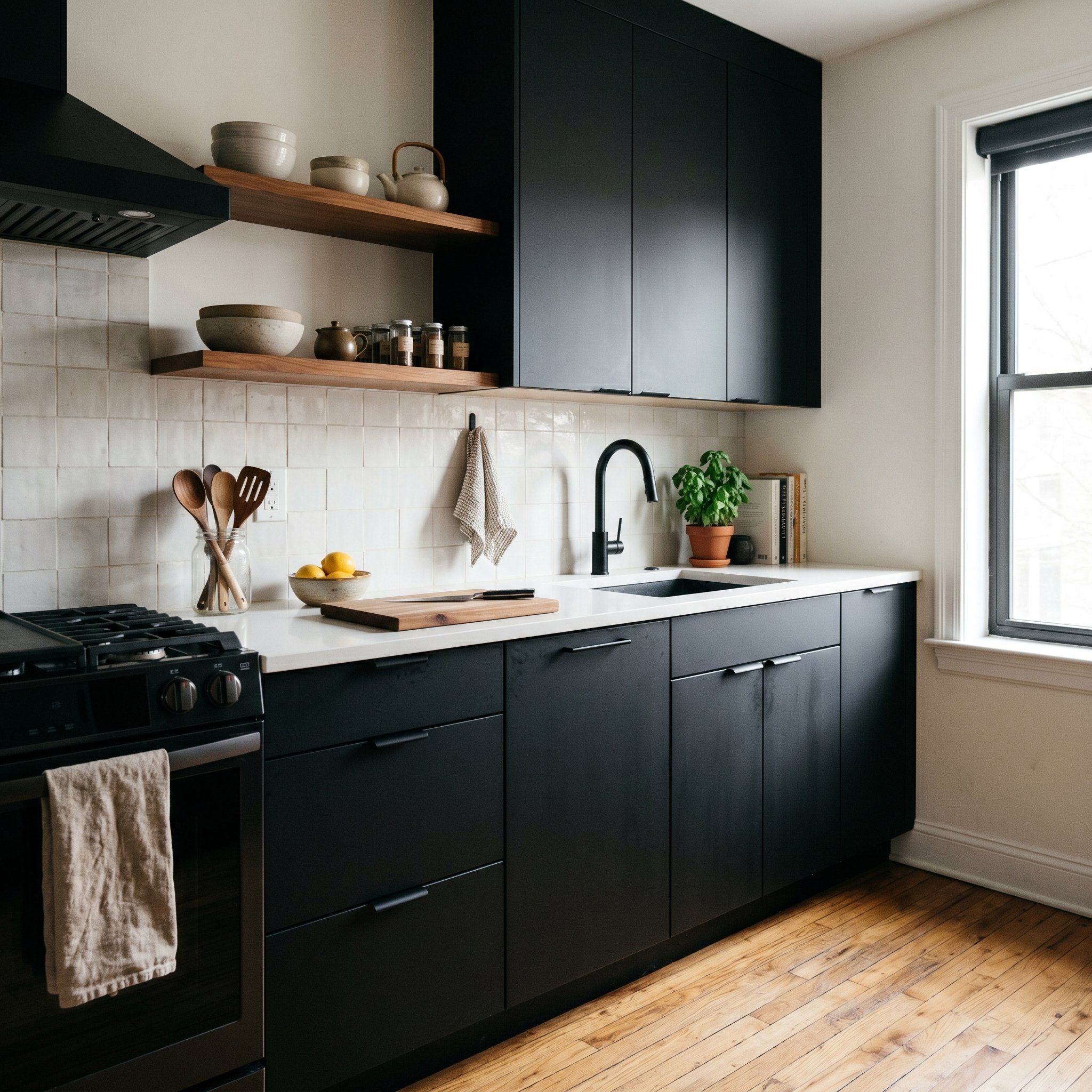 Photorealistic interior photo. Ultra-matte black slab kitchen cabinets, sleek modern hardware, dramatic shadows with soft diffused light, low camera angle. Editorial photography style, no people visib