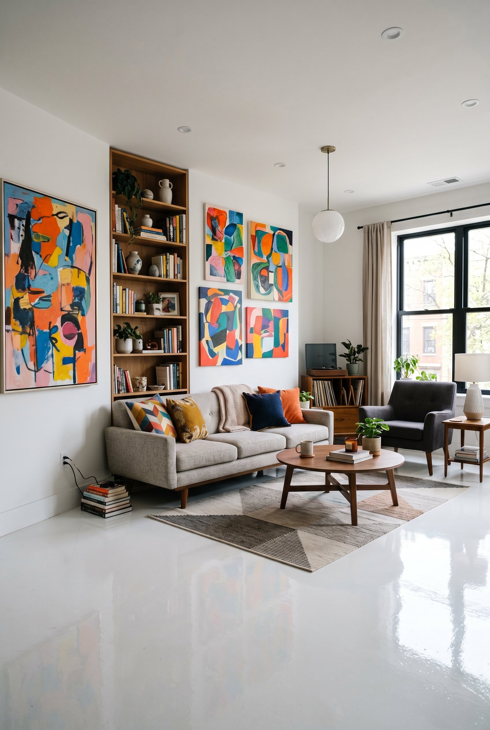 Photorealistic interior photo. Ultra-modern living room with a solid stark white epoxy-coated concrete floor, flawless glossy surface, vibrant abstract art on the walls. Editorial photography style, n