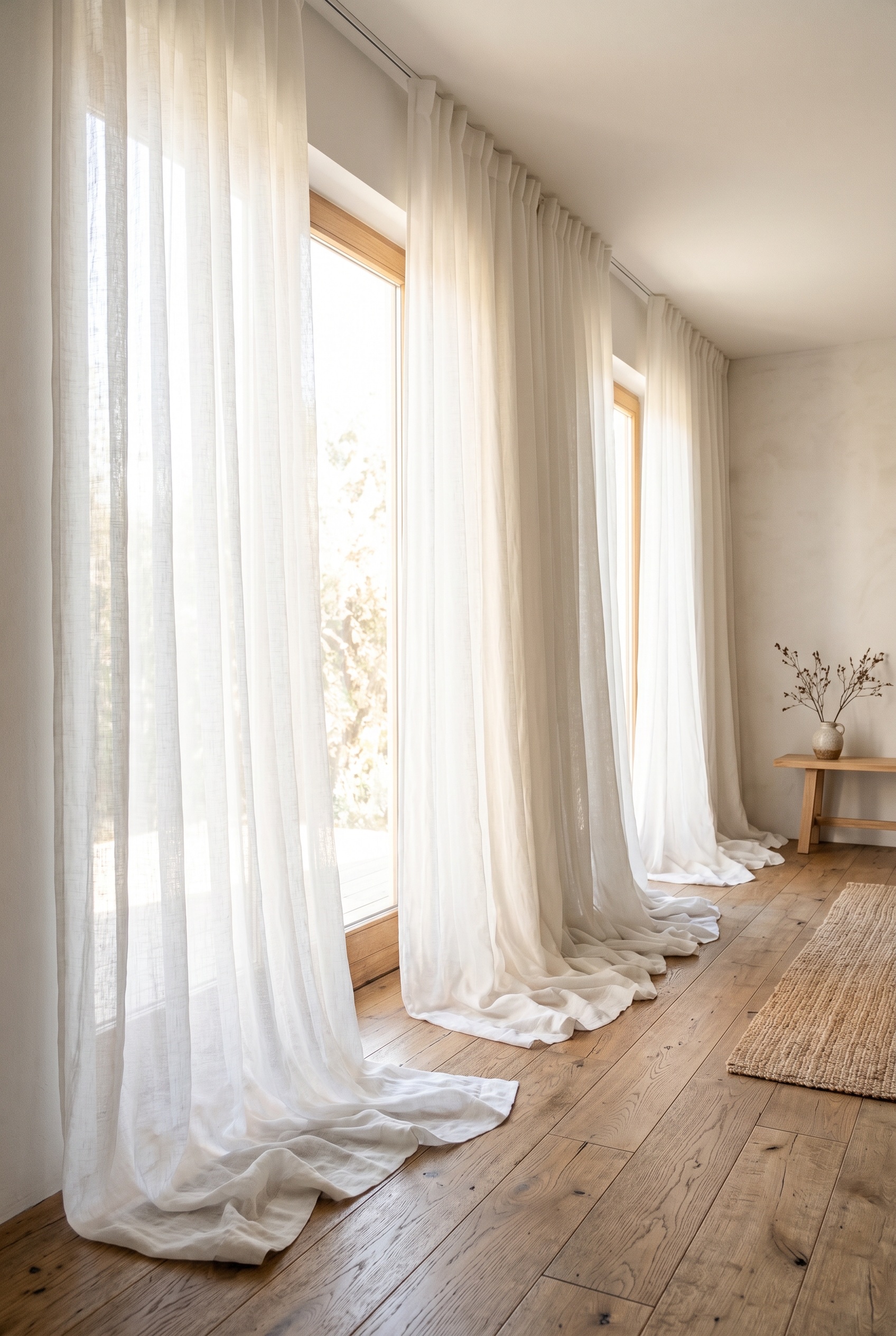 Photorealistic interior photo. Ultra-sheer white linen curtains mounted to the ceiling, cascading and pooling heavily onto a wooden floor. Bright, blown-out natural sunlight glowing through the fabric
