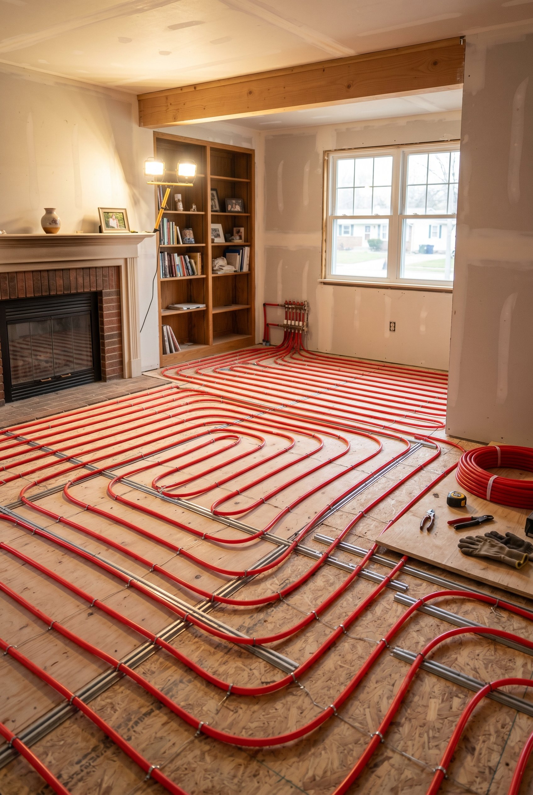 Photorealistic interior photo. Unfinished living room floor showing a grid of red PEX radiant heating tubes laid out over a subfloor before concrete pouring, bright construction lighting. Editorial ph