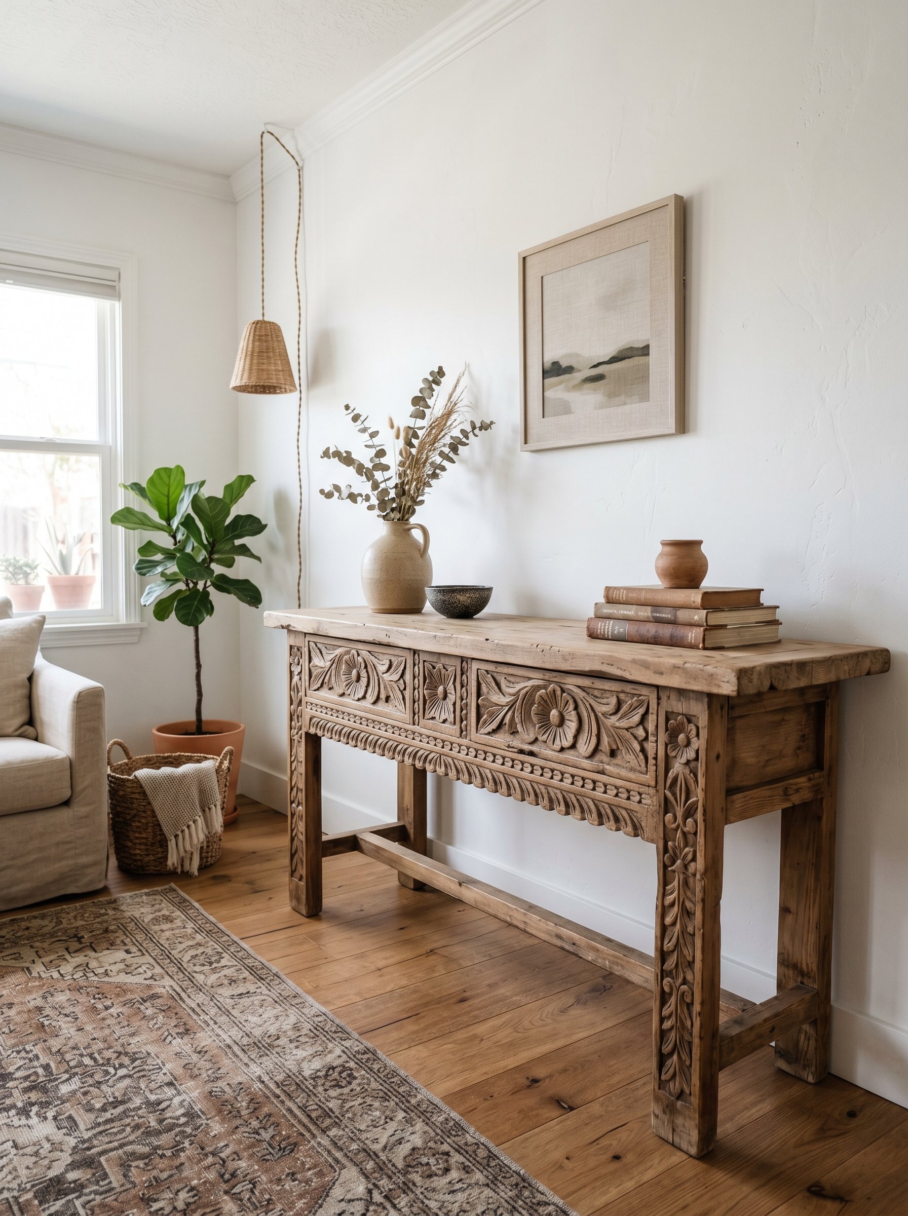 Photorealistic interior photo. Vintage, heavy hand-carved Mexican pine console table against a white wall. Raw sanded wood finish, styled with minimal ceramics. Editorial photography style, no people 