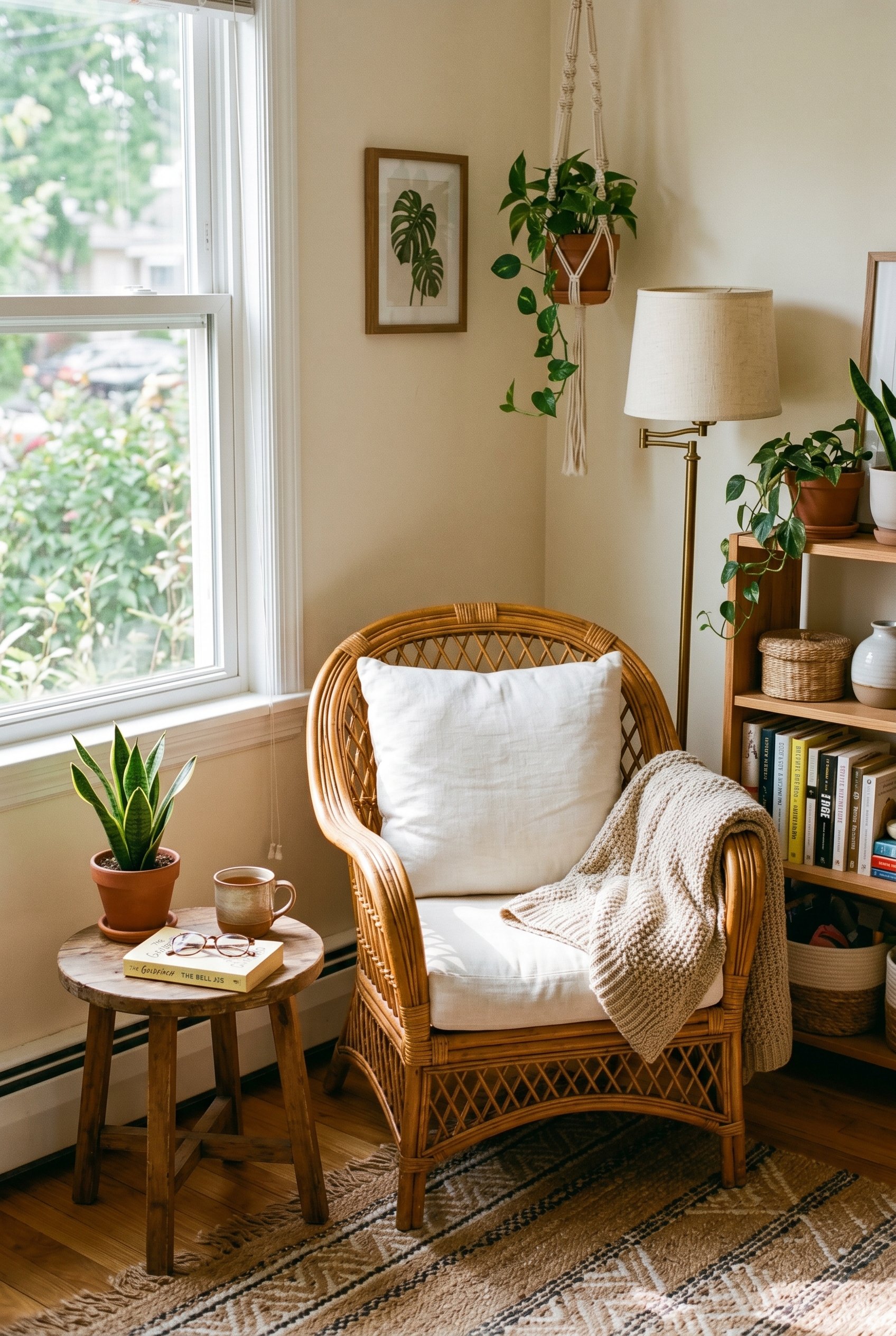 Photorealistic interior photo. Vintage honey-colored rattan chair with a white cushion, situated in a sunlit corner. Editorial photography style, no people visible.