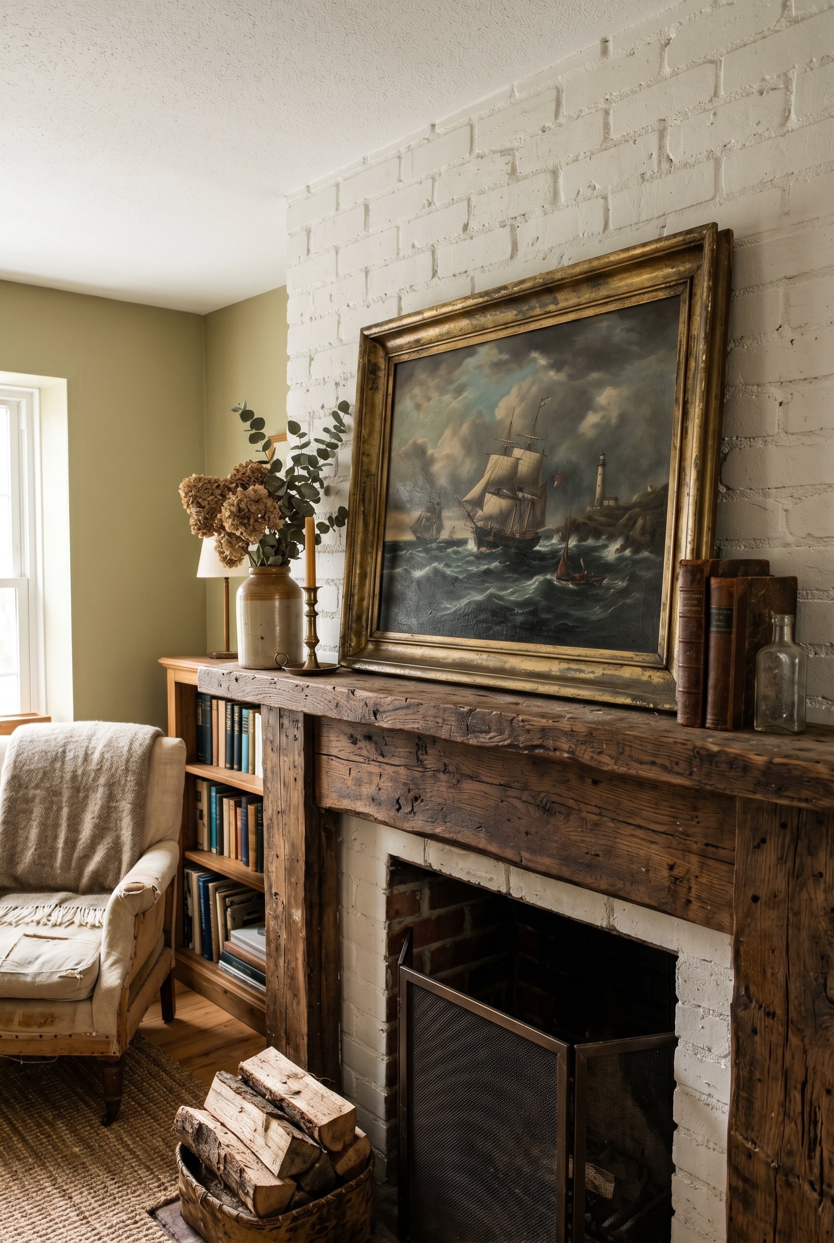 Photorealistic interior photo. Vintage maritime oil painting in a tarnished brass frame leaning on a distressed wooden mantel. Editorial photography style, no people visible.