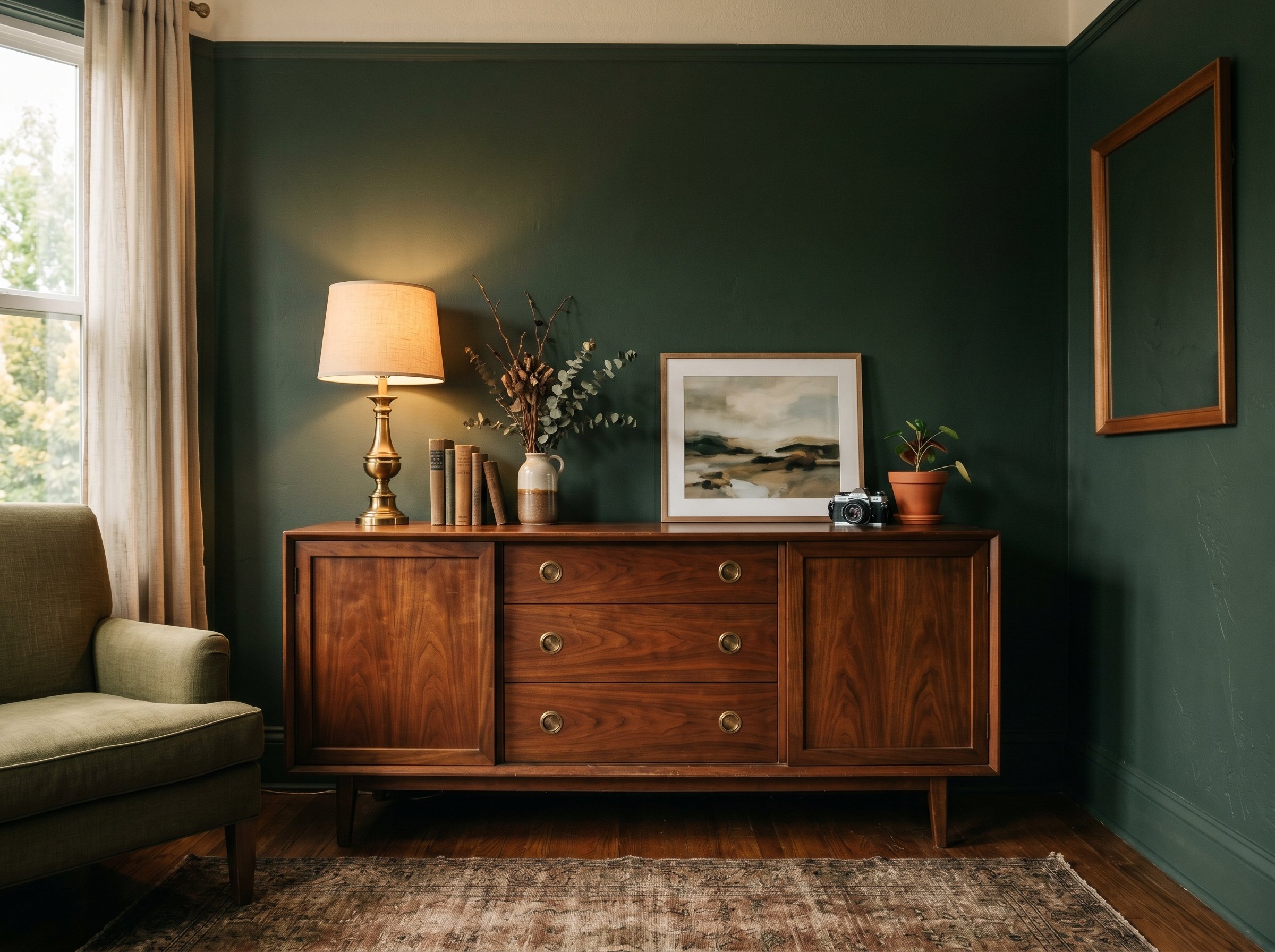 Photorealistic interior photo. Vintage solid walnut credenza against a dark green wall, rich reddish wood tones, moody ambient lighting, eye-level camera angle. Editorial photography style, no people 