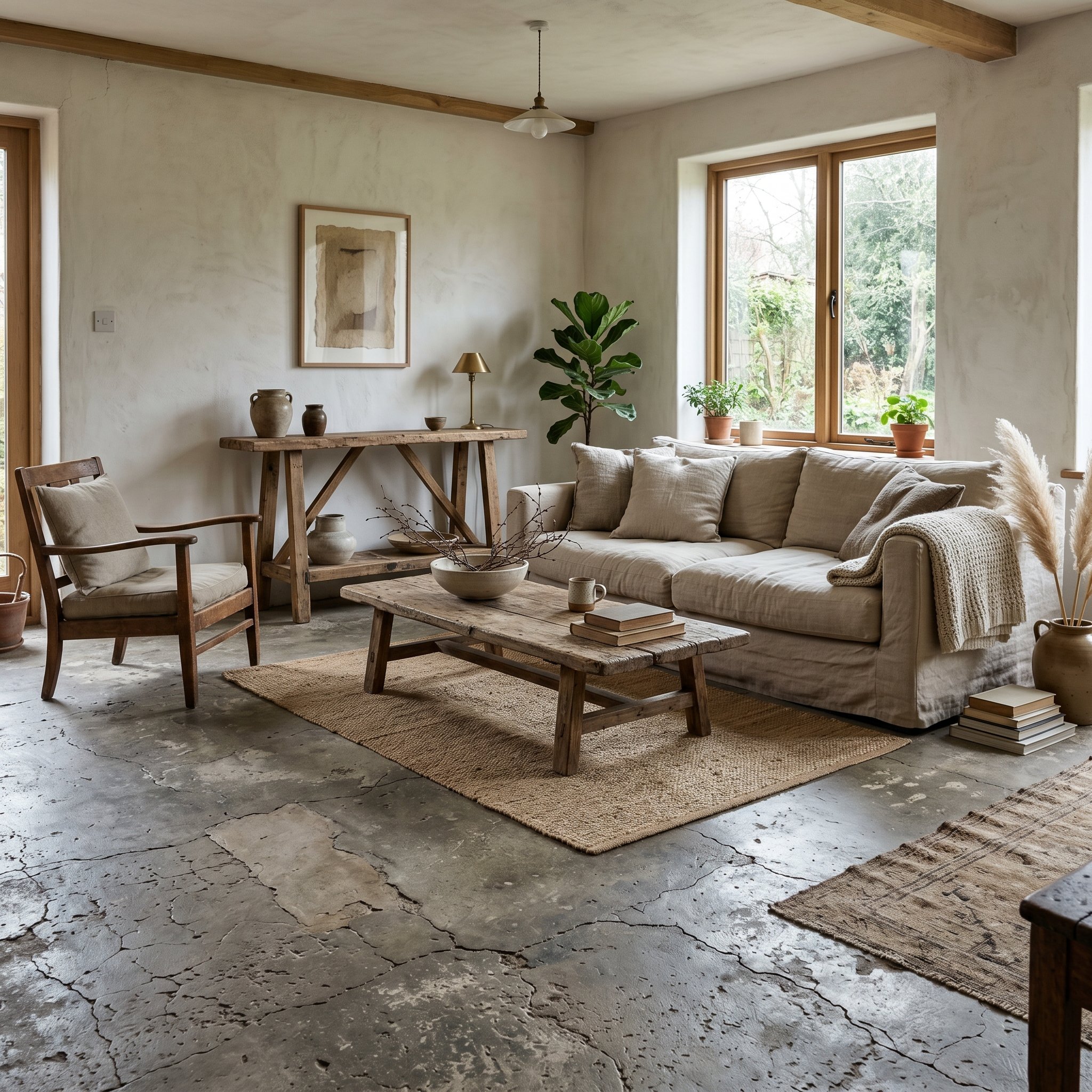 Photorealistic interior photo. Wabi-sabi living room with a distressed, cracked, and patched raw concrete floor, sealed but showing history, minimalist rustic furniture. Editorial photography style, n