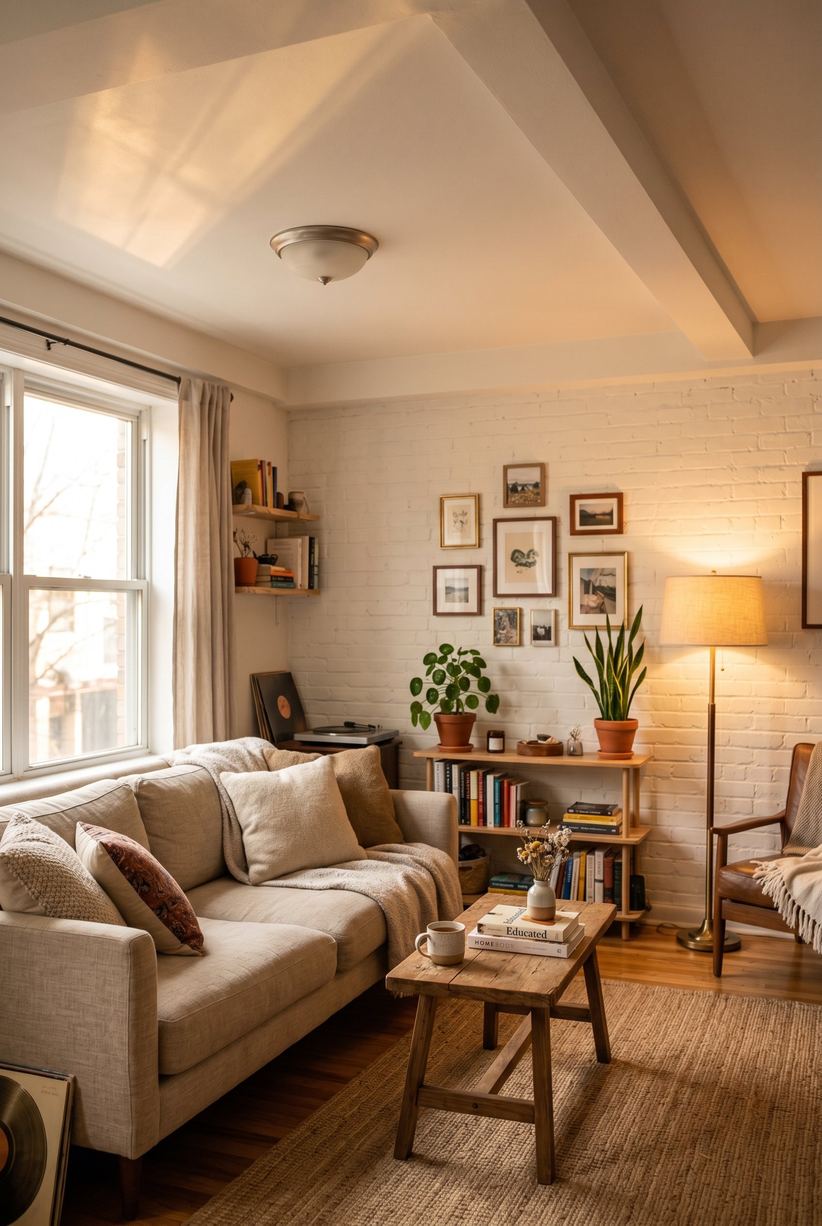 Photorealistic interior photo. Warm 3000K spotlight reflecting off a white ceiling, casting golden hour sunlight vibes in a cozy living space. Editorial photography style, no people visible.