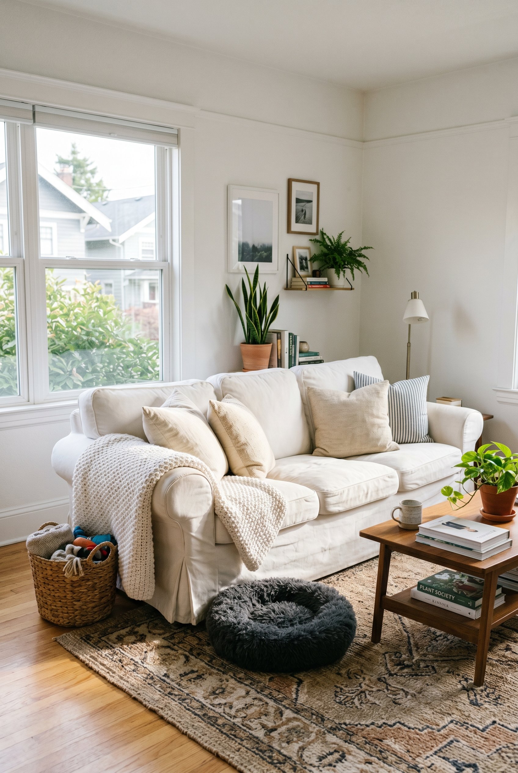 Photorealistic interior photo. White canvas slipcovered sofa in a sunlit living room, textured white throw blanket, dog-friendly durable fabrics, bright daylight, medium shot. Editorial photography st