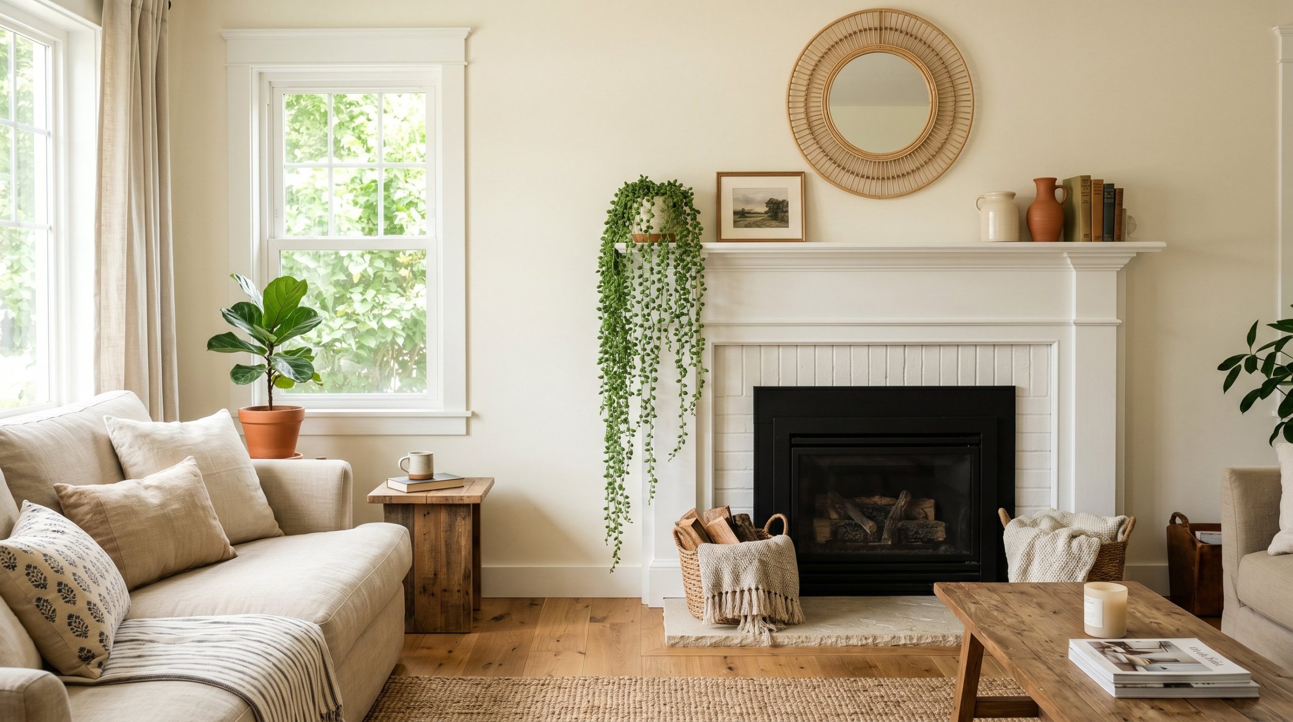 Photorealistic interior photo. White fireplace mantel draped with a lush, trailing faux string of pearls plant. Warm wood accents, modern organic style, bright and airy living room, sunlight streaming