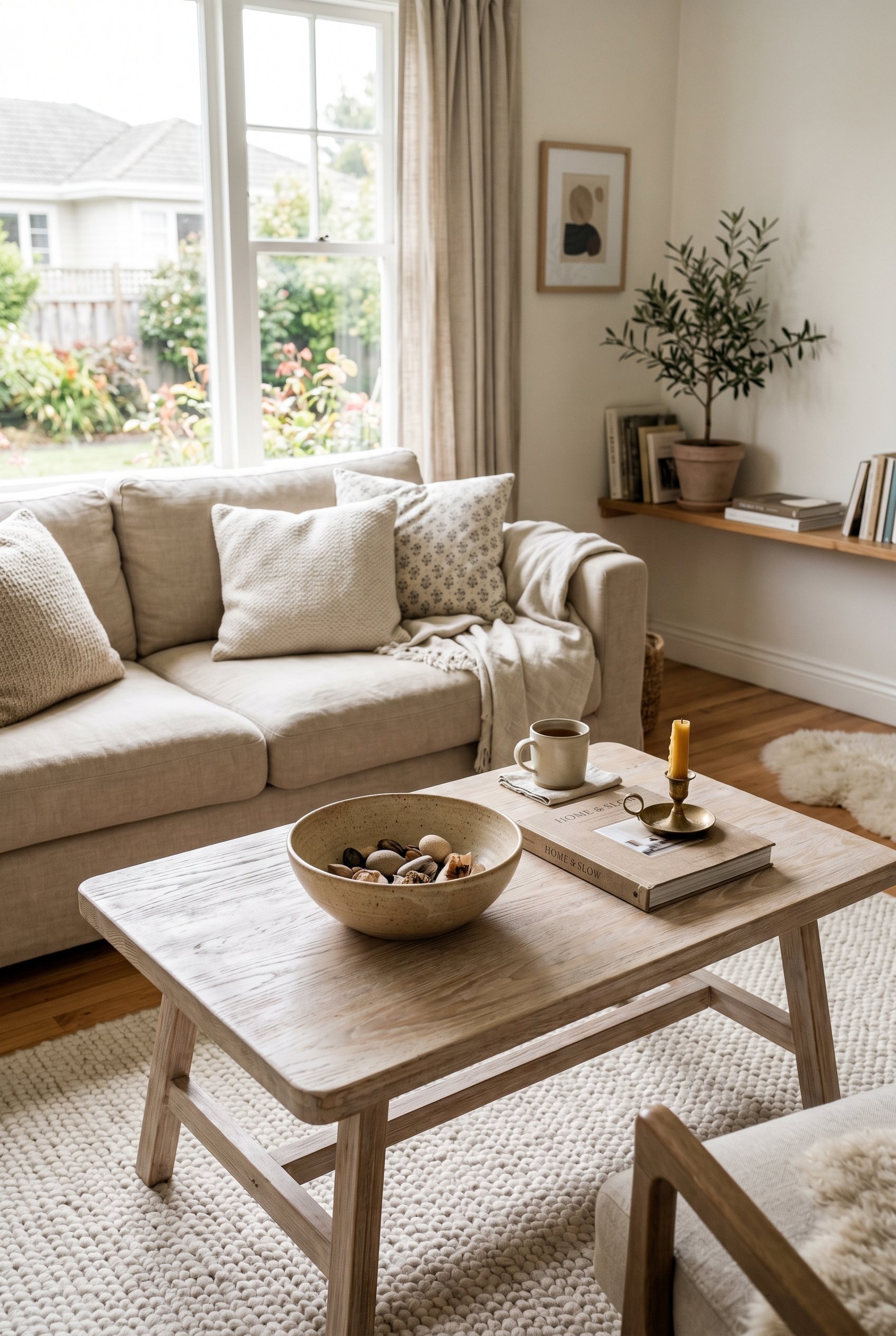 Photorealistic interior photo. Whitewashed ash wood coffee table displaying a matte ceramic bowl, subtle driftwood tones. Editorial photography style, no people visible.