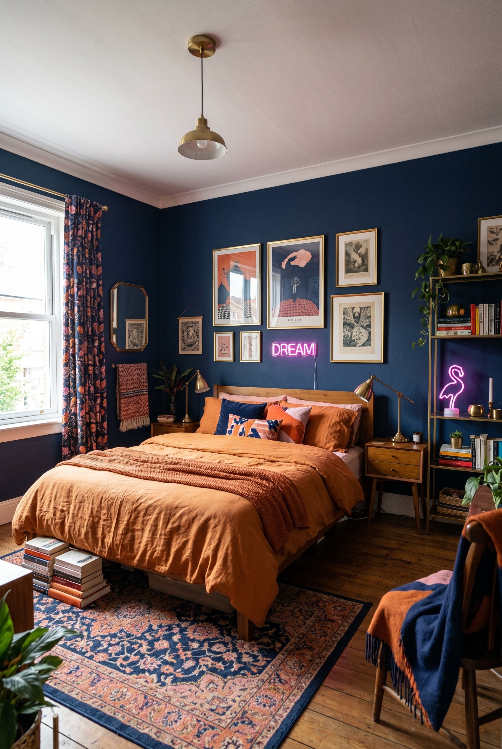 Photorealistic interior photo. Wide shot of an eclectic maximalist bedroom showing a strict 60-30-10 color palette: navy walls, burnt orange bedding, brass and neon pink accents. Editorial photography