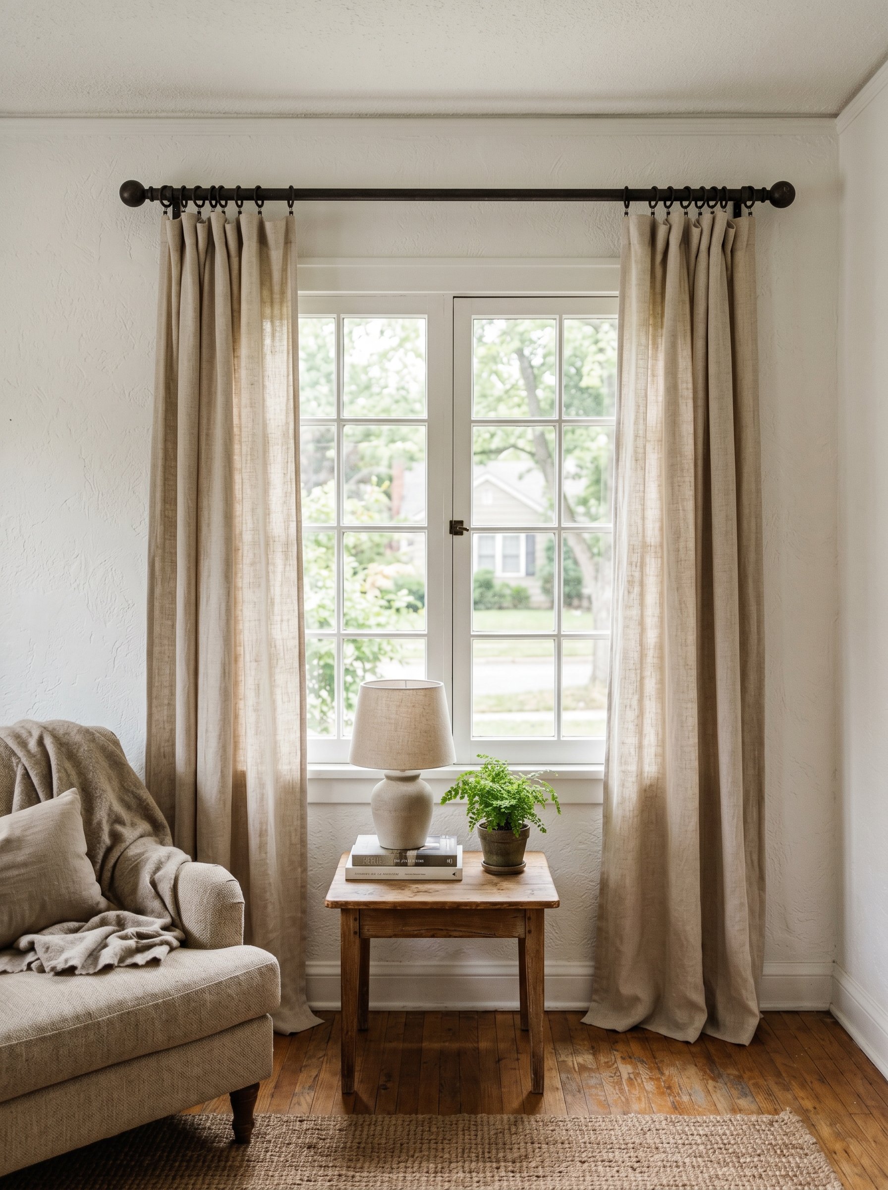 Photorealistic interior photo. Window treatment featuring a heavy, dark wrought iron curtain rod with simple natural linen curtains. White stucco walls, editorial photography style, no people visible.