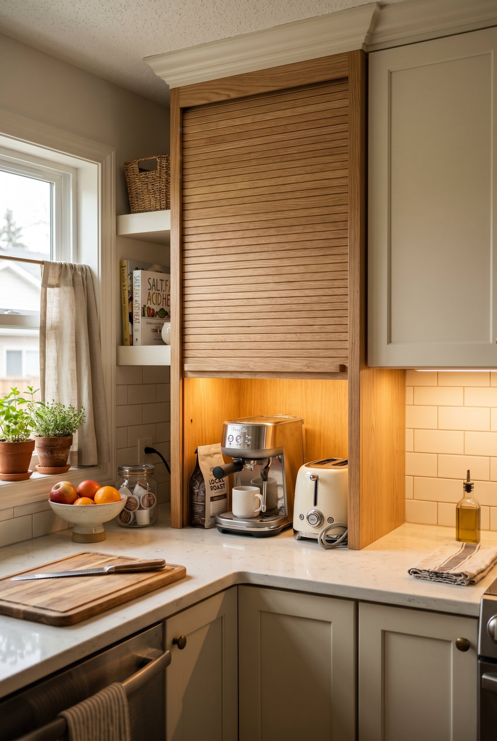 Photorealistic interior photo. Wood tambour door appliance garage sitting on a kitchen counter, slightly open to reveal a hidden coffee maker and toaster inside, warm under-cabinet lighting. Editorial