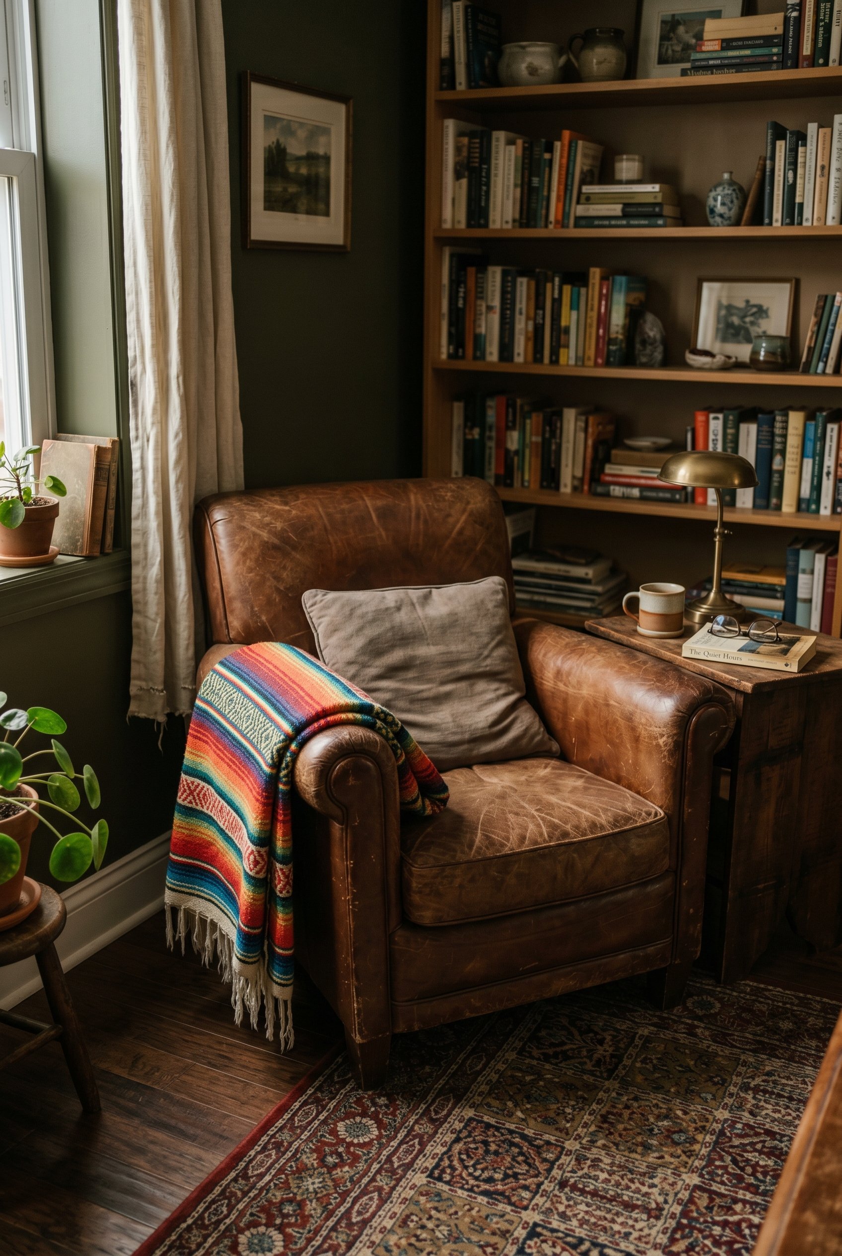Photorealistic interior photo. Worn vintage leather reading chair with a heavy, tightly woven, striped vintage Zarape blanket draped casually over the arm. Moody lighting, editorial photography style,