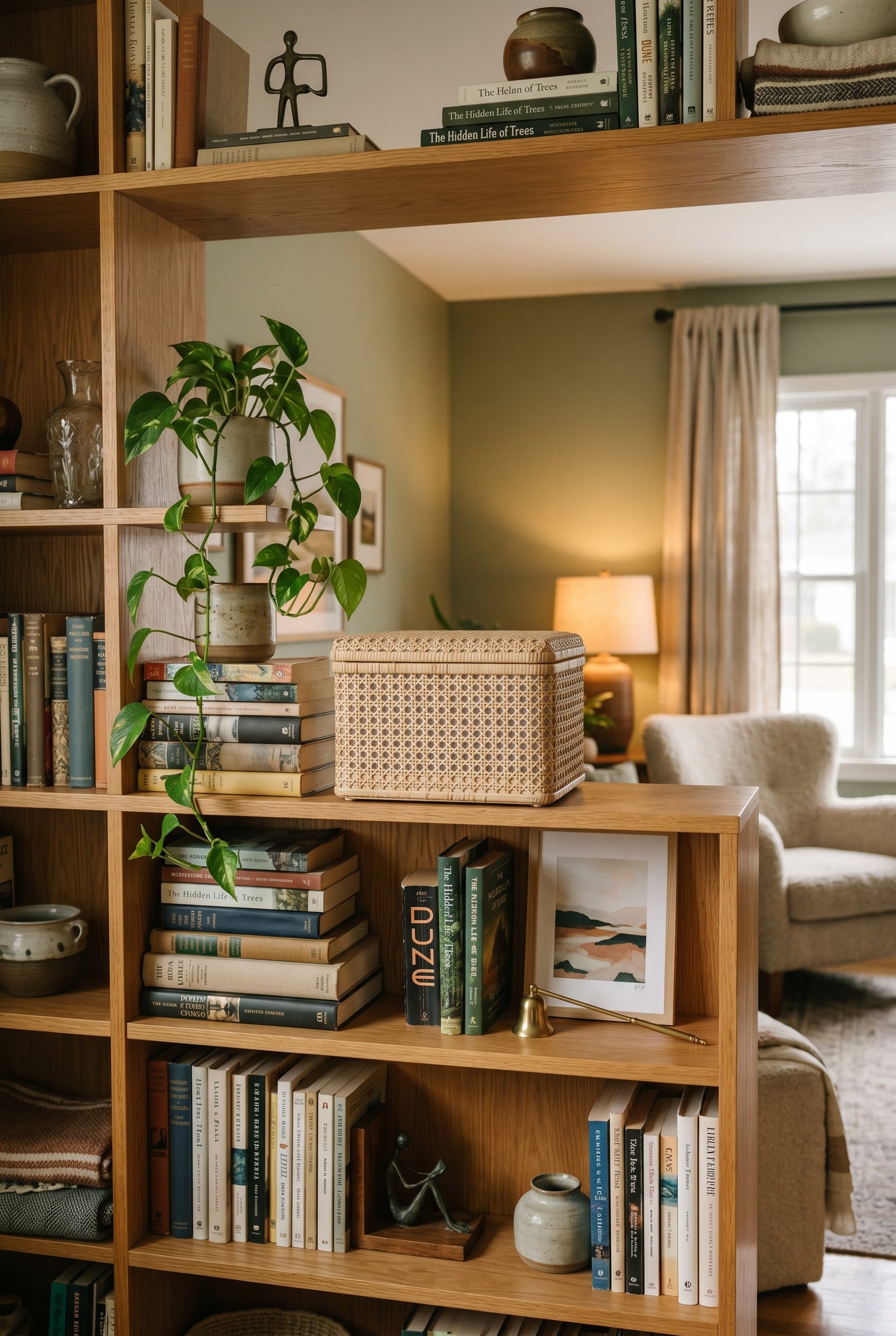 Photorealistic interior photo. Woven cane box sitting on a styled bookshelf, subtly disguising a smart home speaker. Soft ambient lighting, editorial photography style, no people visible.