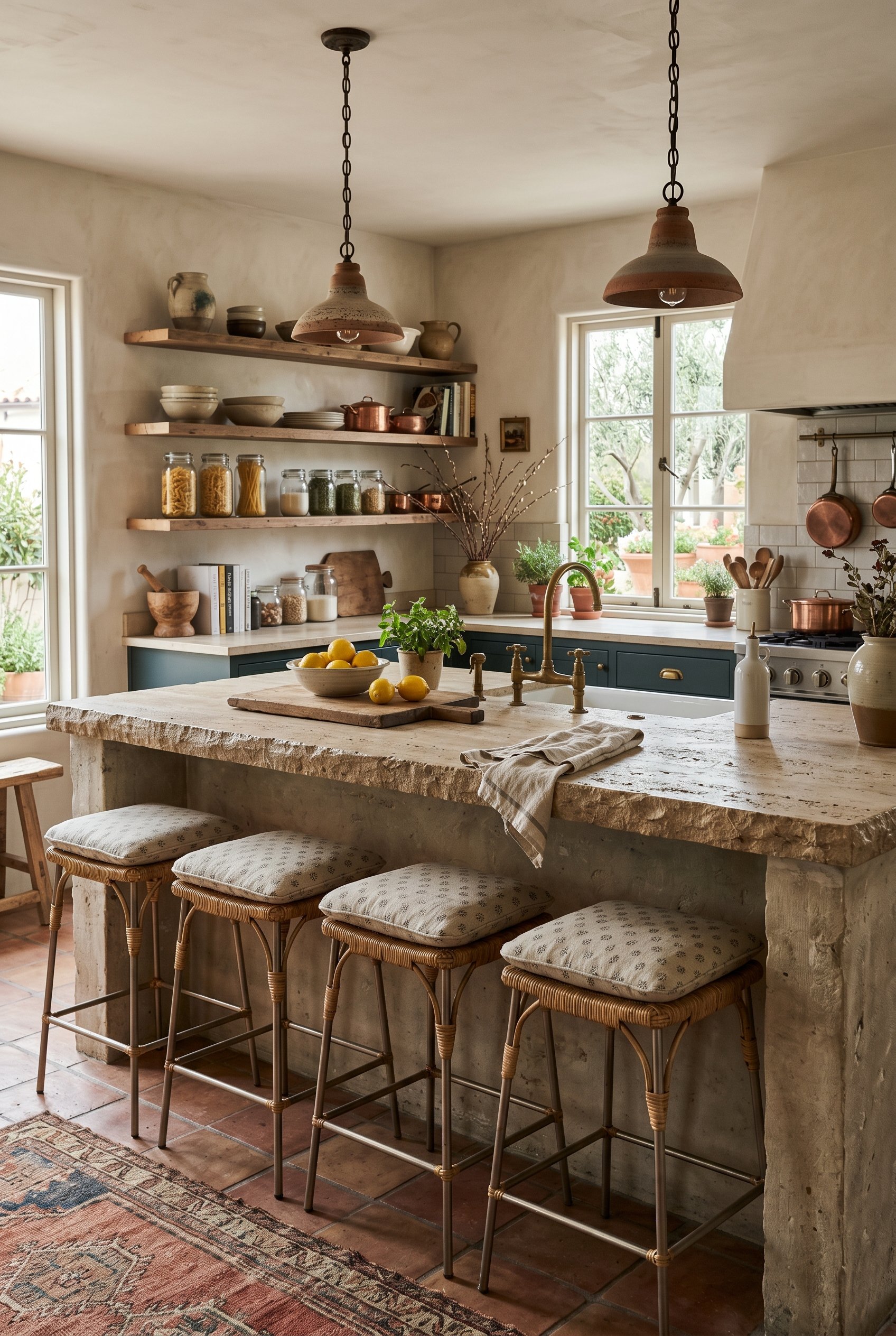 Photorealistic interior photo. Woven seagrass and rattan counter stools tucked under a massive stone kitchen island in a warm, rustic Mediterranean kitchen. Editorial photography style, no people visi