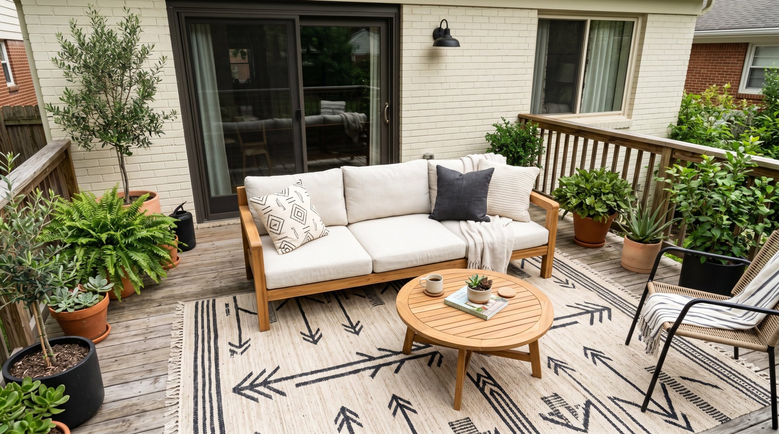 Photorealistic outdoor patio photo. Flatwoven geometric outdoor rug under a modern teak wood sofa. Neutral tones with black accents, bright natural sunlight, overhead angle. Editorial photography styl