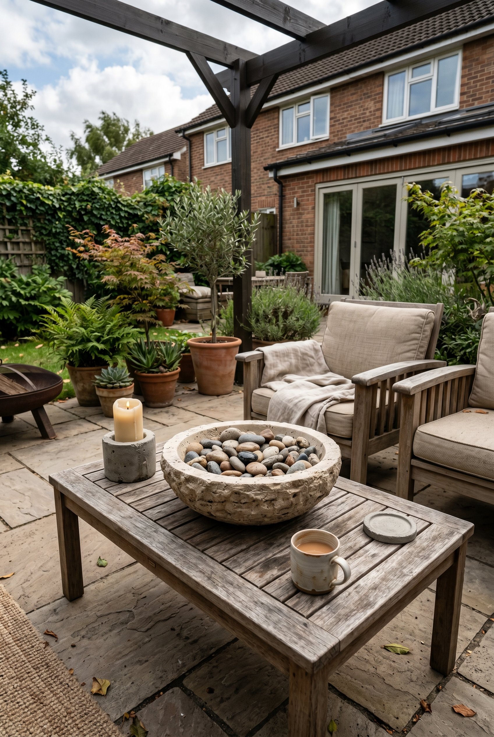 Photorealistic outdoor patio photo. Heavy travertine bowl filled with smooth river rocks sitting on an outdoor wood coffee table. Windy day, styled with sturdy concrete objects. Editorial photography