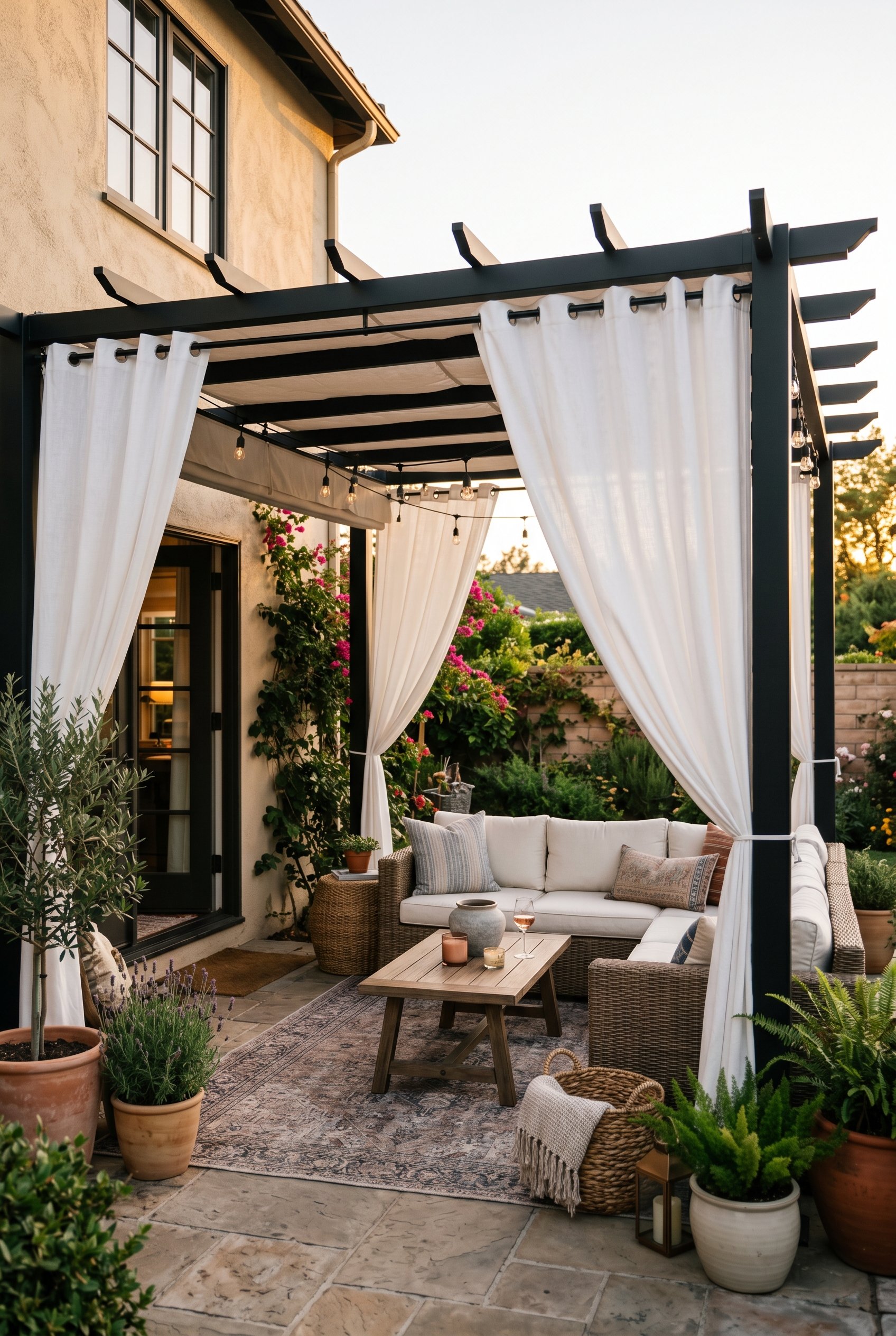 Photorealistic outdoor patio photo. Heavy white weather-resistant curtains hanging from a modern black metal pergola, gently blowing in the breeze. Sunset lighting, luxurious resort style. Editorial p