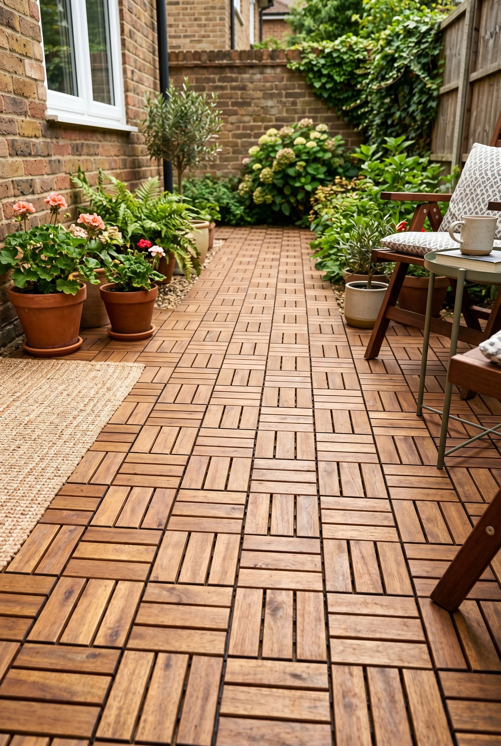 Photorealistic outdoor patio photo. Interlocking square teak wood decking tiles covering a patio floor. Close-up shot showing wood grain texture. Natural bright lighting. Editorial photography style,