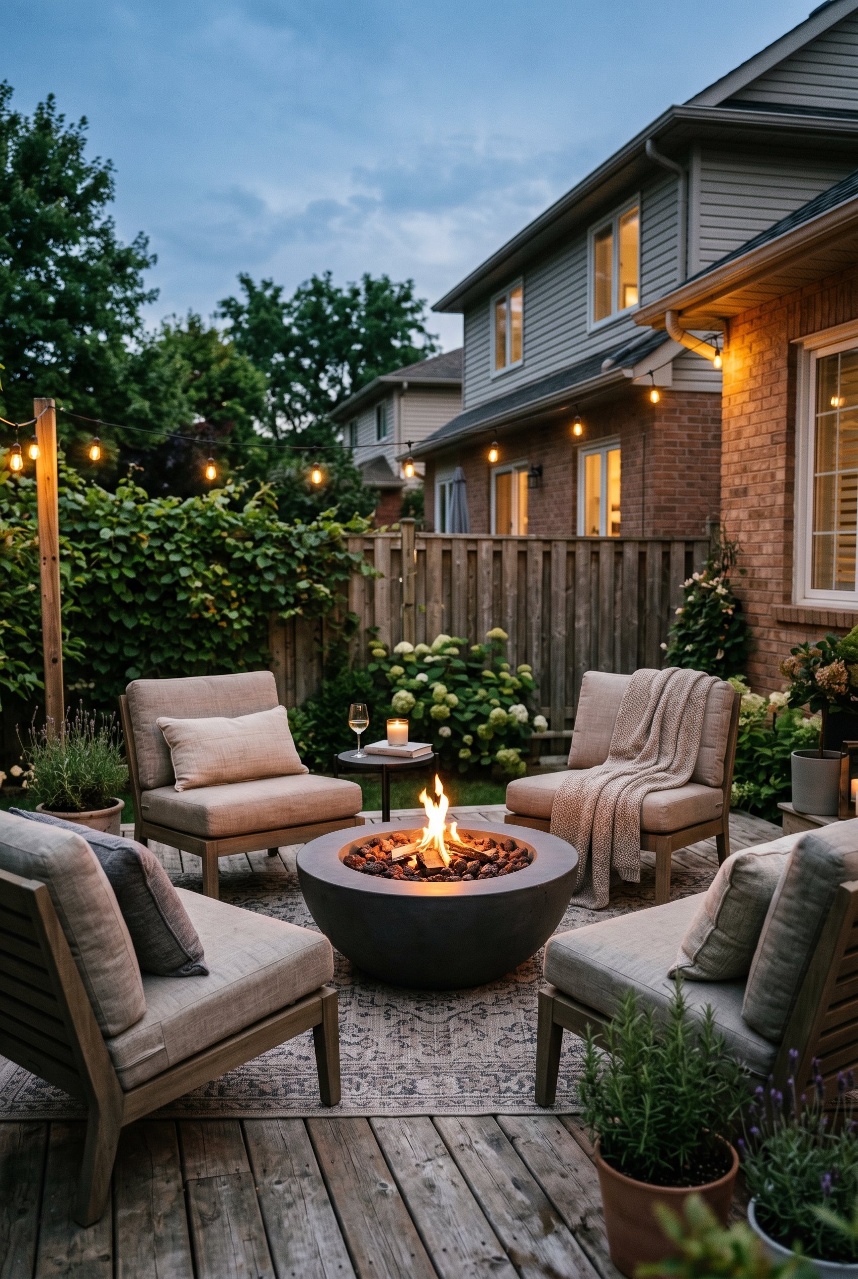Photorealistic outdoor patio photo. Low, wide concrete fire bowl burning with a small flame, surrounded by four modern outdoor lounge chairs. Evening twilight, glowing ambiance. Editorial photography