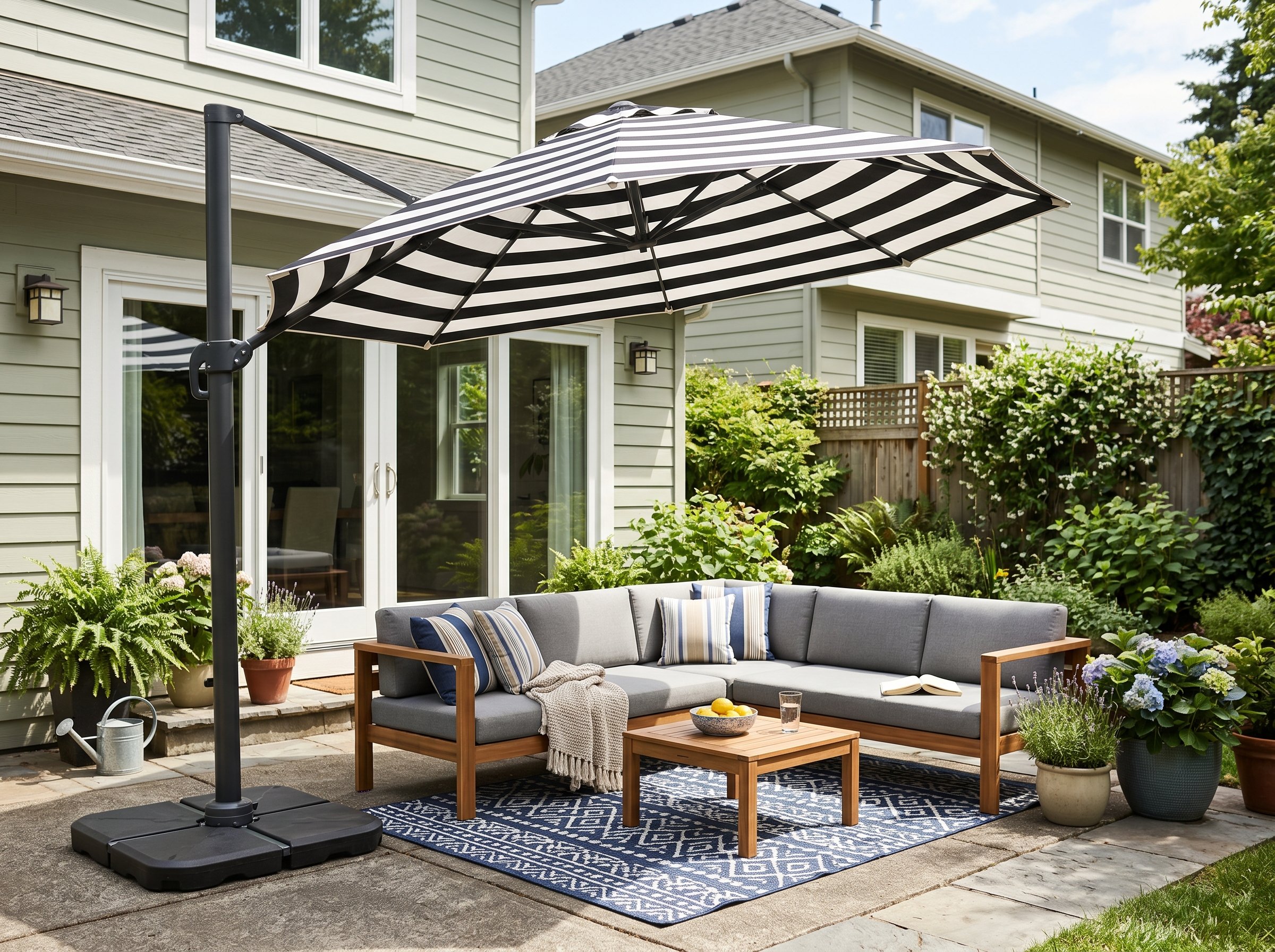 Photorealistic outdoor patio photo. Massive heavy-duty cantilever patio umbrella with a crisp black and white cabana stripe. Shading a sleek lounge set. Bright midday sun. Editorial photography style,