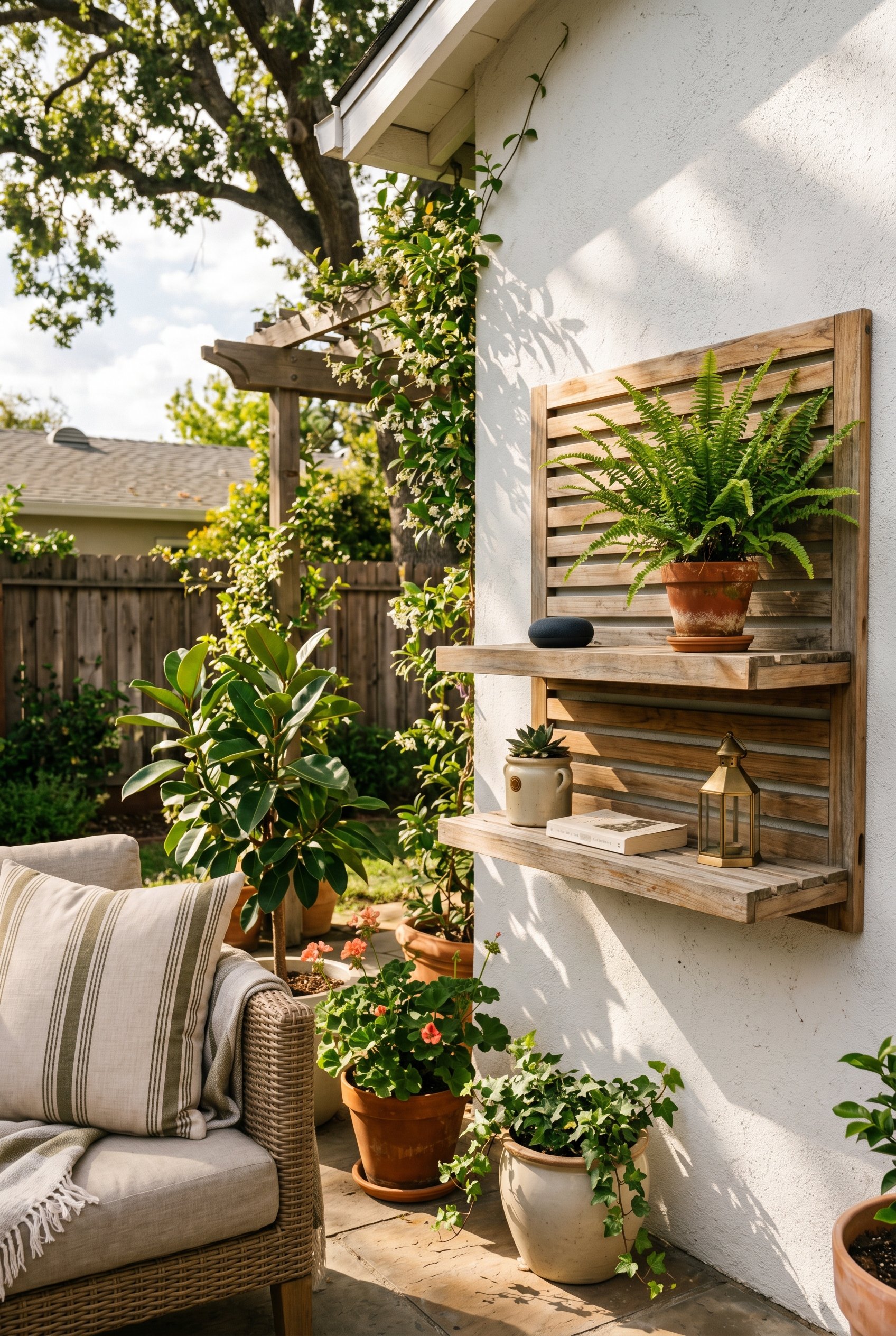 Photorealistic outdoor patio photo. Minimalist black smart speaker tucked discreetly onto a teak wood shelf next to a potted fern. Dappled afternoon sunlight. Editorial photography style, no people vi