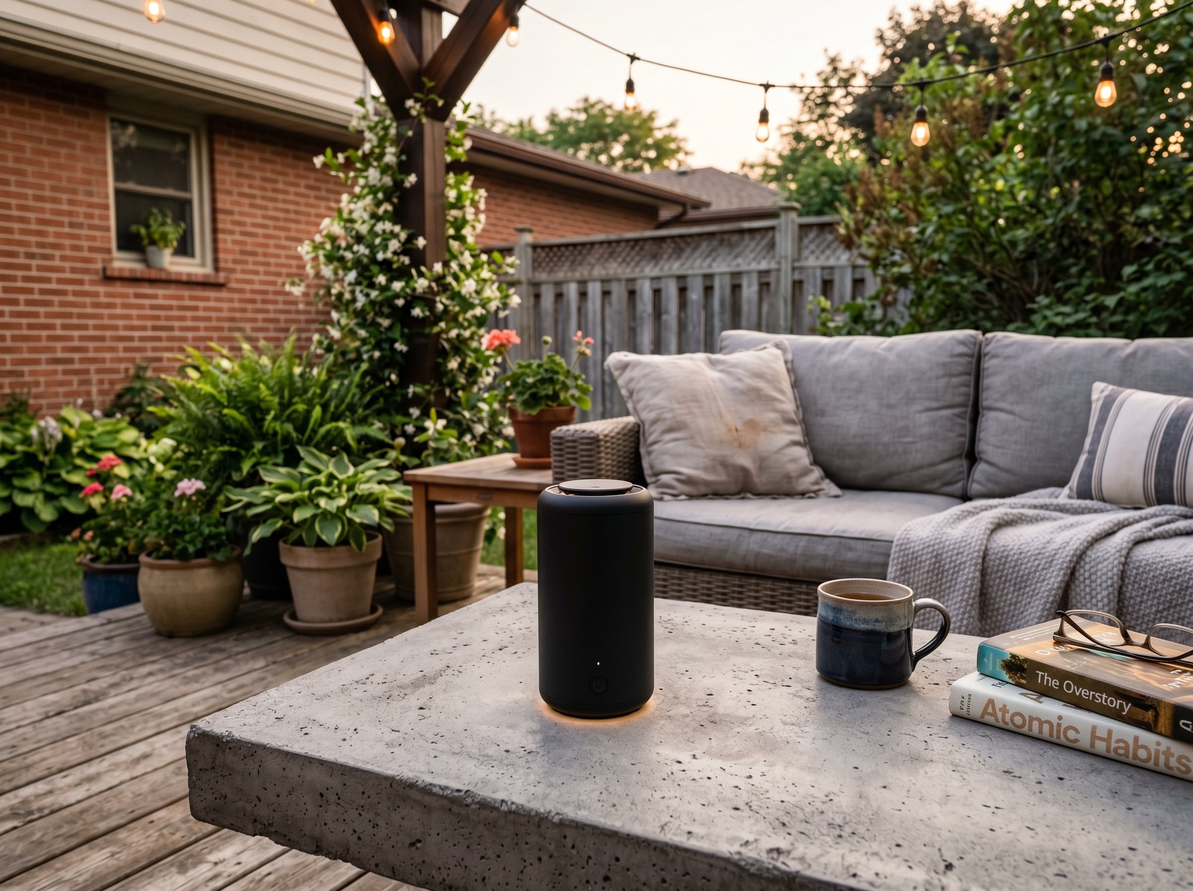 Photorealistic outdoor patio photo. Minimalist matte black mosquito repeller sitting on a textured concrete coffee table. Soft evening lighting, tight focus. Editorial photography style, no people vis