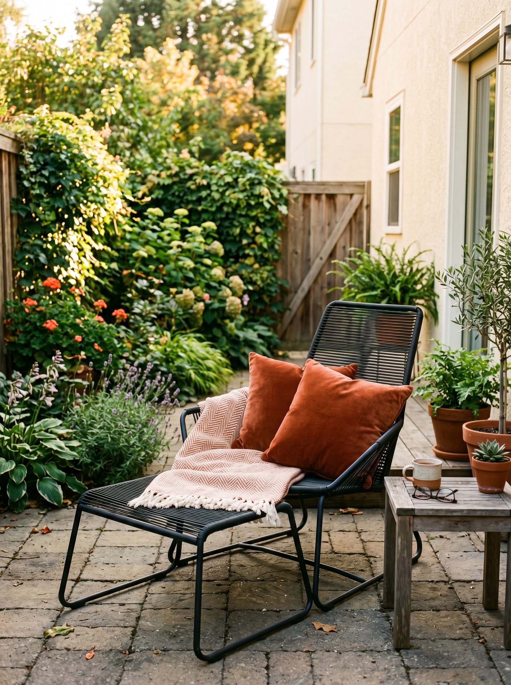 Photorealistic outdoor patio photo. Outdoor-grade rust-colored velvet pillows resting on a modern wire-frame lounge chair. Lush green background, golden hour lighting. Editorial photography style, no