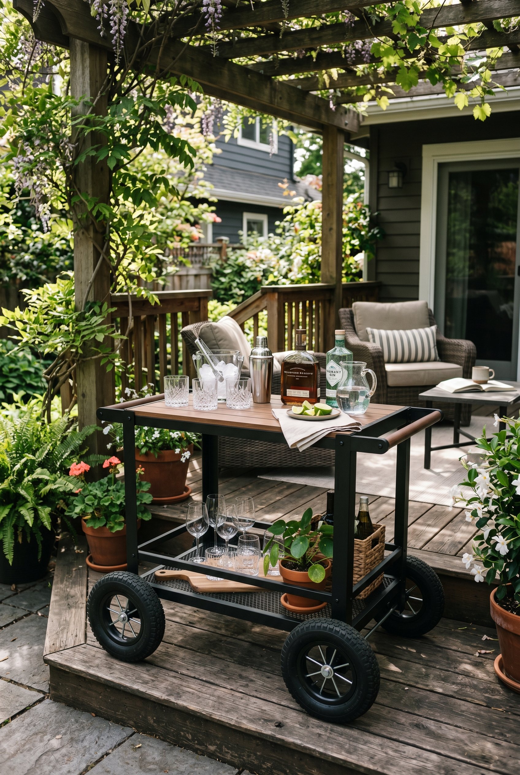 Photorealistic outdoor patio photo. Powder-coated black aluminum outdoor bar cart with large rubber wheels. Styled with glassware on a wooden deck. Dappled shade. Editorial photography style, no peopl