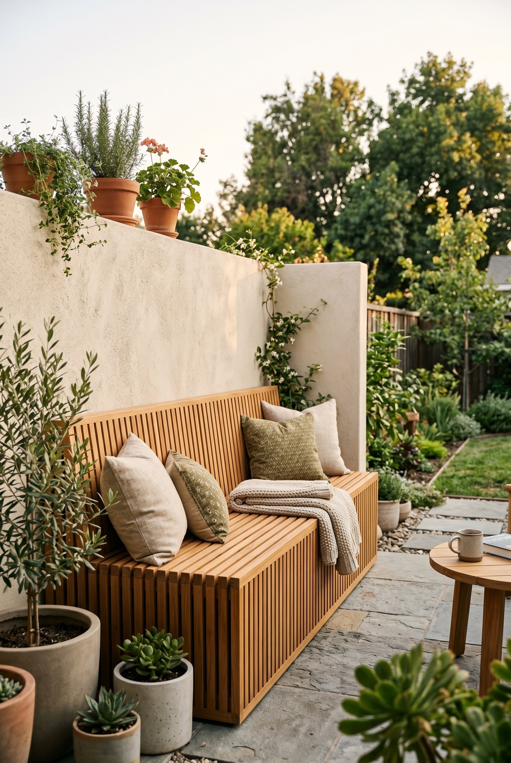 Photorealistic outdoor patio photo. Slatted teak wood storage bench built into a patio wall. Modern clean lines, warm wood tones, natural daylight. Editorial photography style, no people visible.