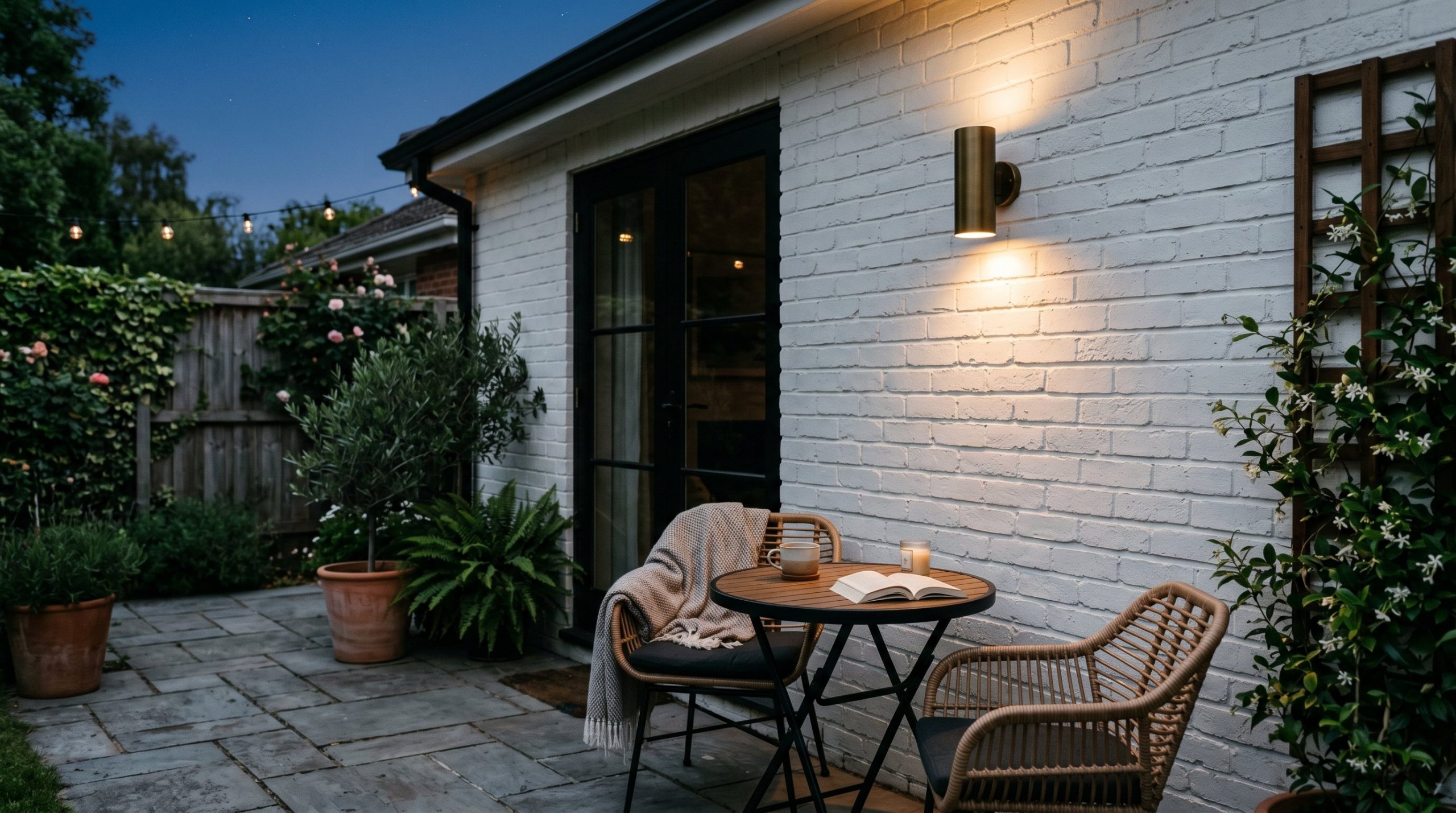 Photorealistic outdoor patio photo. Sleek modern brass wall sconce glowing against a white painted brick exterior wall. Twilight lighting, deep shadows. Editorial photography style, no people visible.