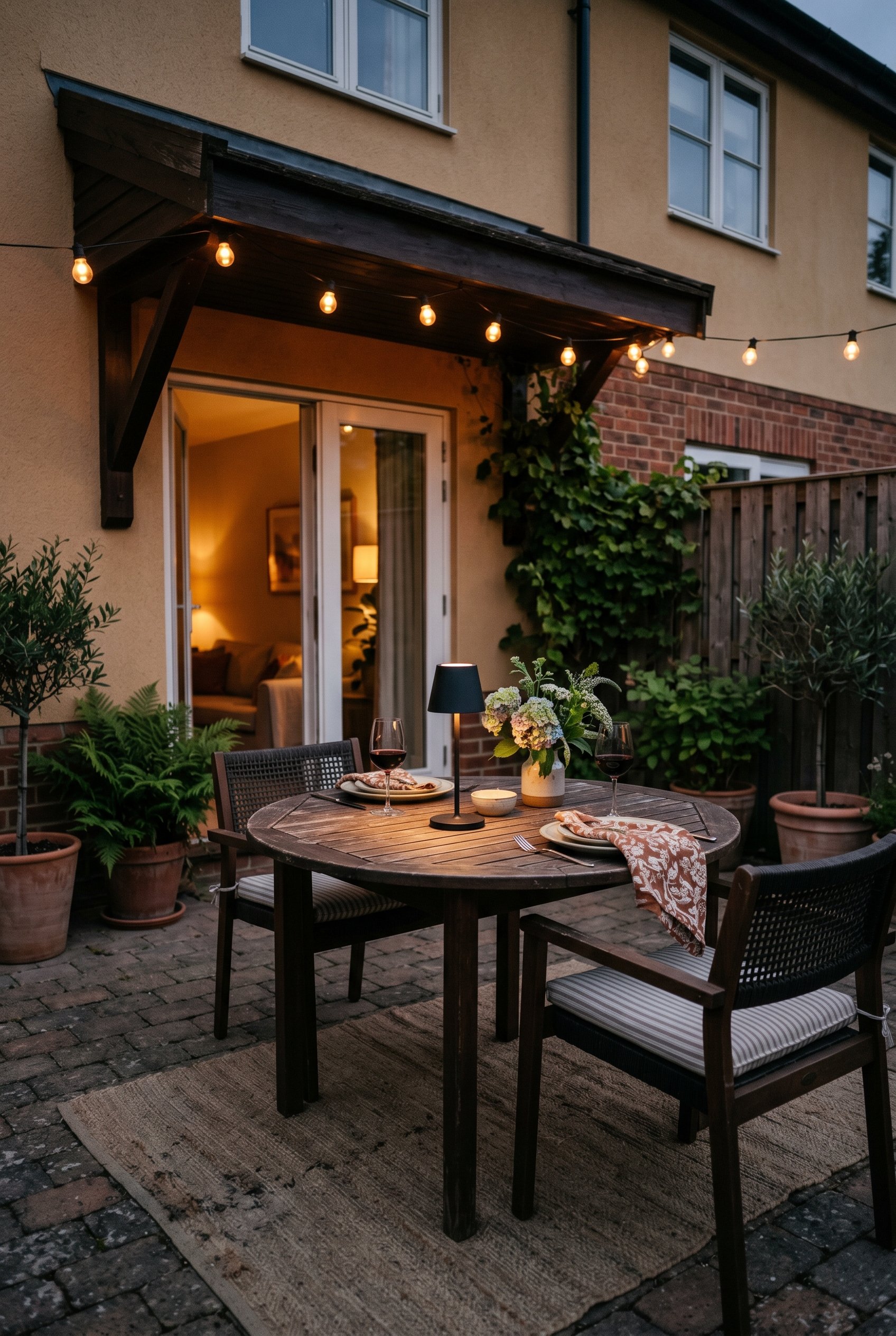 Photorealistic outdoor patio photo. Small matte black battery-operated table lamp glowing in the center of an outdoor dining table. Dusk lighting, intimate mood. Editorial photography style, no people