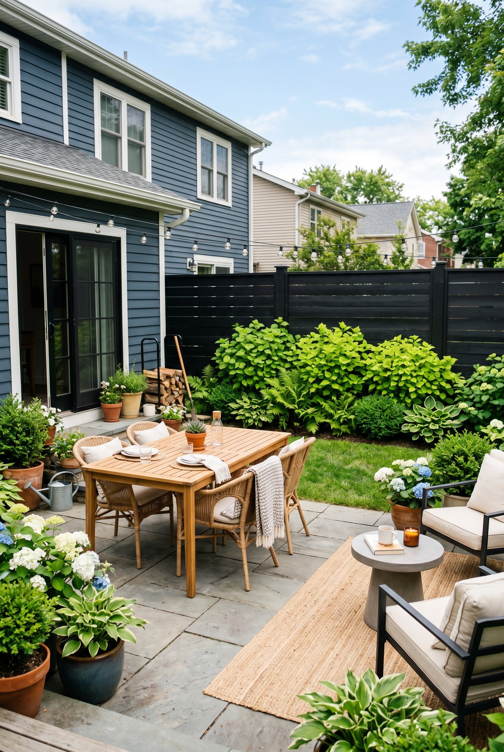 Photorealistic outdoor patio photo. Solid black painted wooden perimeter fence creating a stark contrast with bright green leafy shrubs planted in front. Modern backyard design, bright daylight. Edito