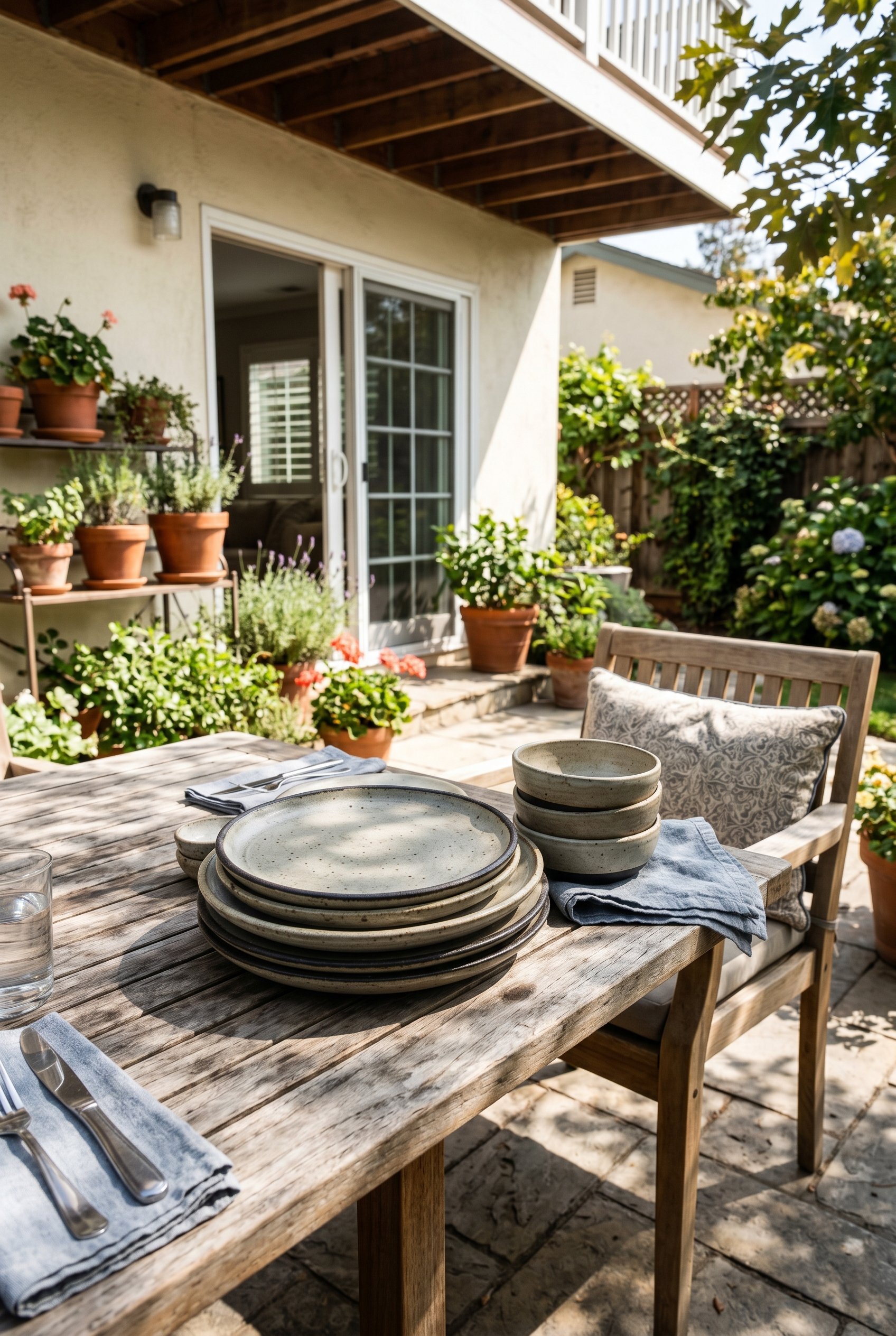 Photorealistic outdoor patio photo. Thick rustic stoneware plates stacked on an outdoor teak dining table. High-end, heavy ceramics. Direct harsh sunlight, sharp shadows. Editorial photography style,