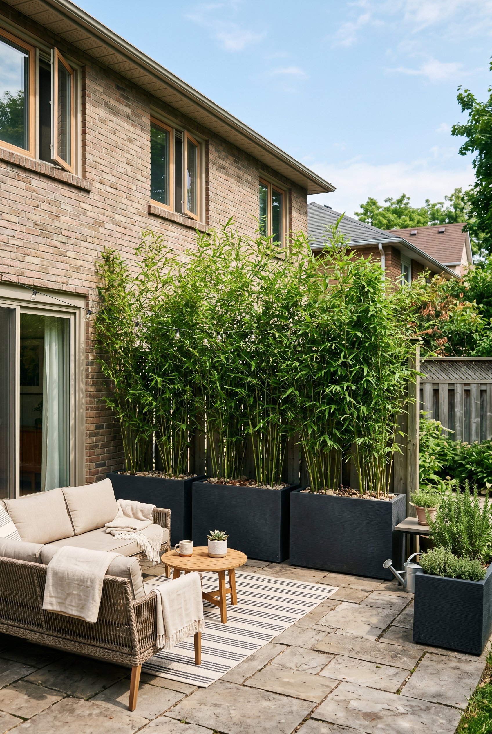 Photorealistic outdoor patio photo. Three oversized dark charcoal rectangular planters filled with tall green bamboo, creating a privacy wall on a stone patio. Modern landscaping, sunny day. Editorial