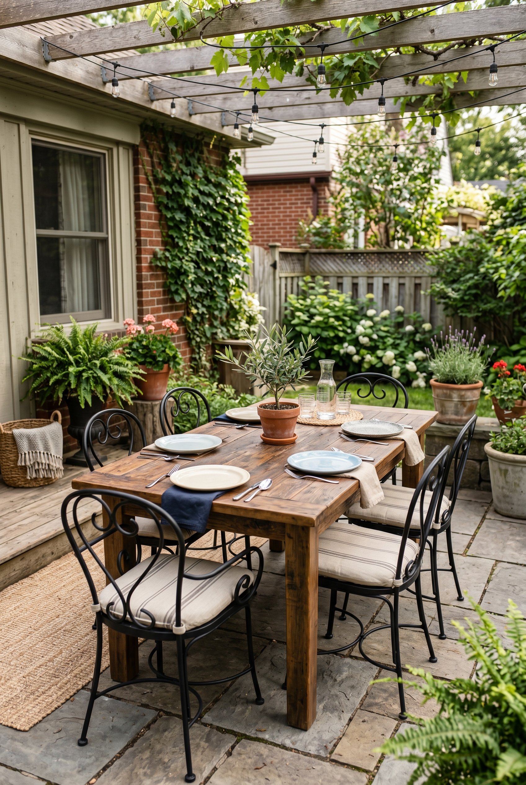 Photorealistic outdoor patio photo. Upcycled vintage wrought iron dining chairs painted matte black, surrounding a reclaimed wood table. Rustic modern style, bright daytime lighting. Editorial photogr